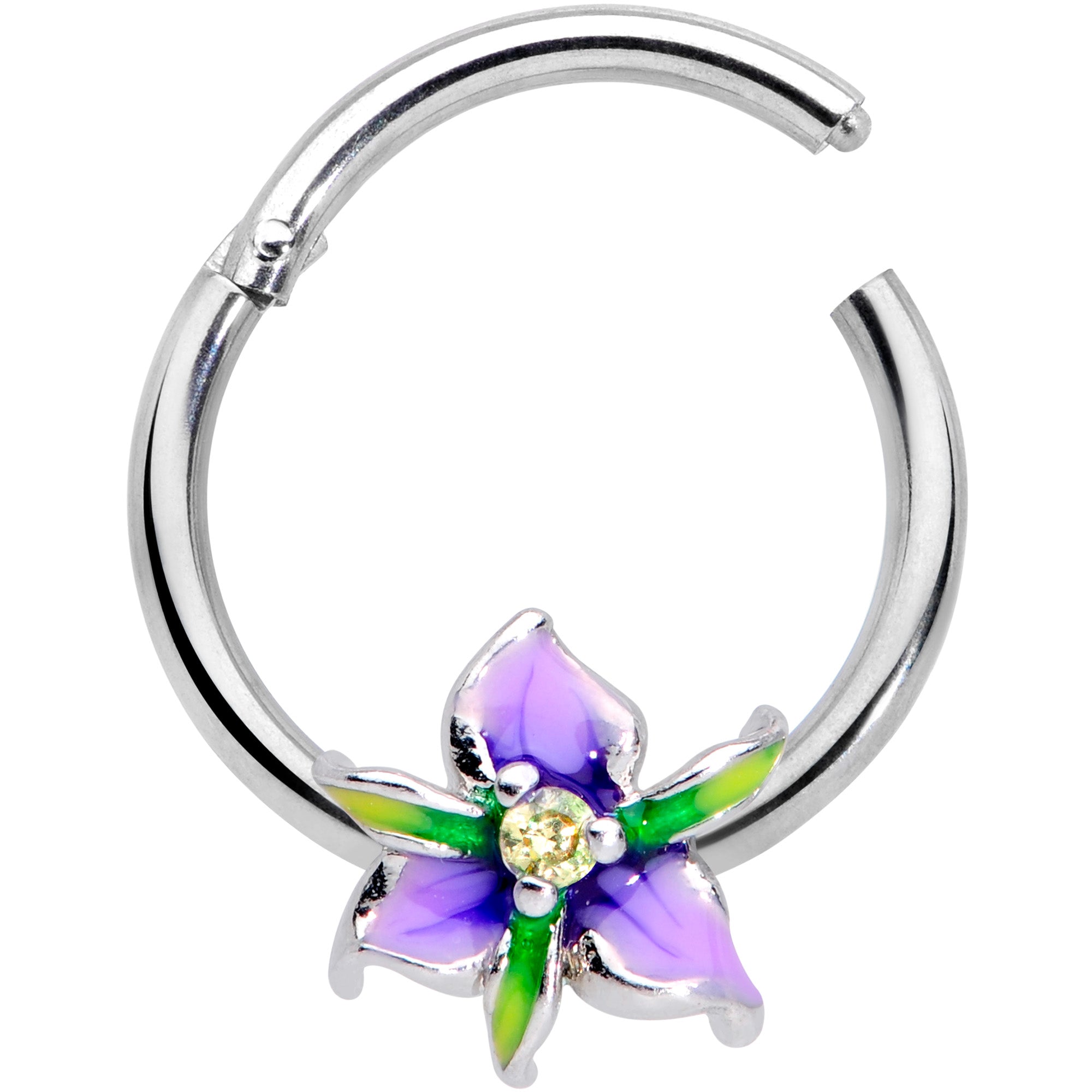 16G 3/8 Clear Gem Purple Iris Flower Hinged Segment Ring