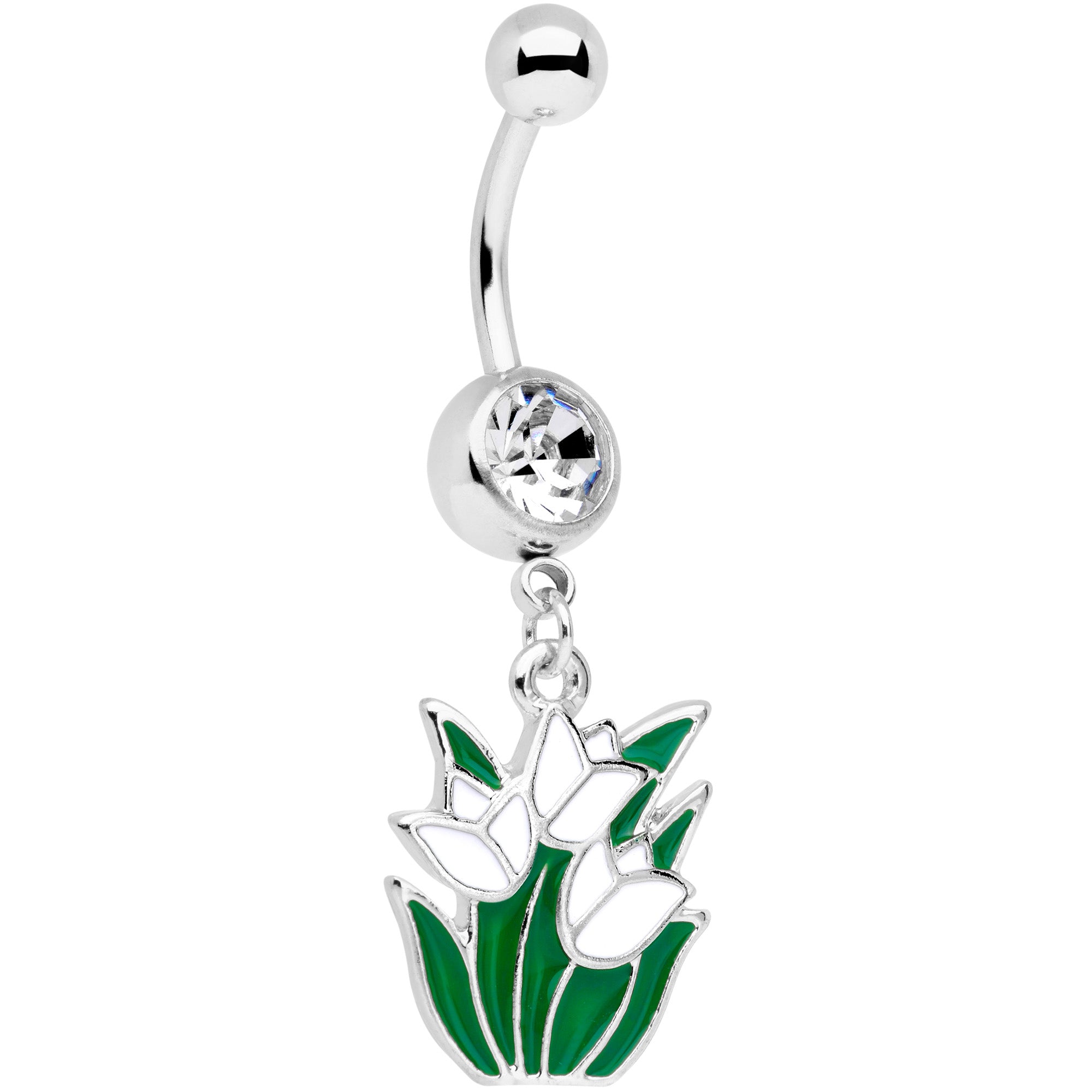 Clear Gem White Spring Tulip Flowers Dangle Belly Ring
