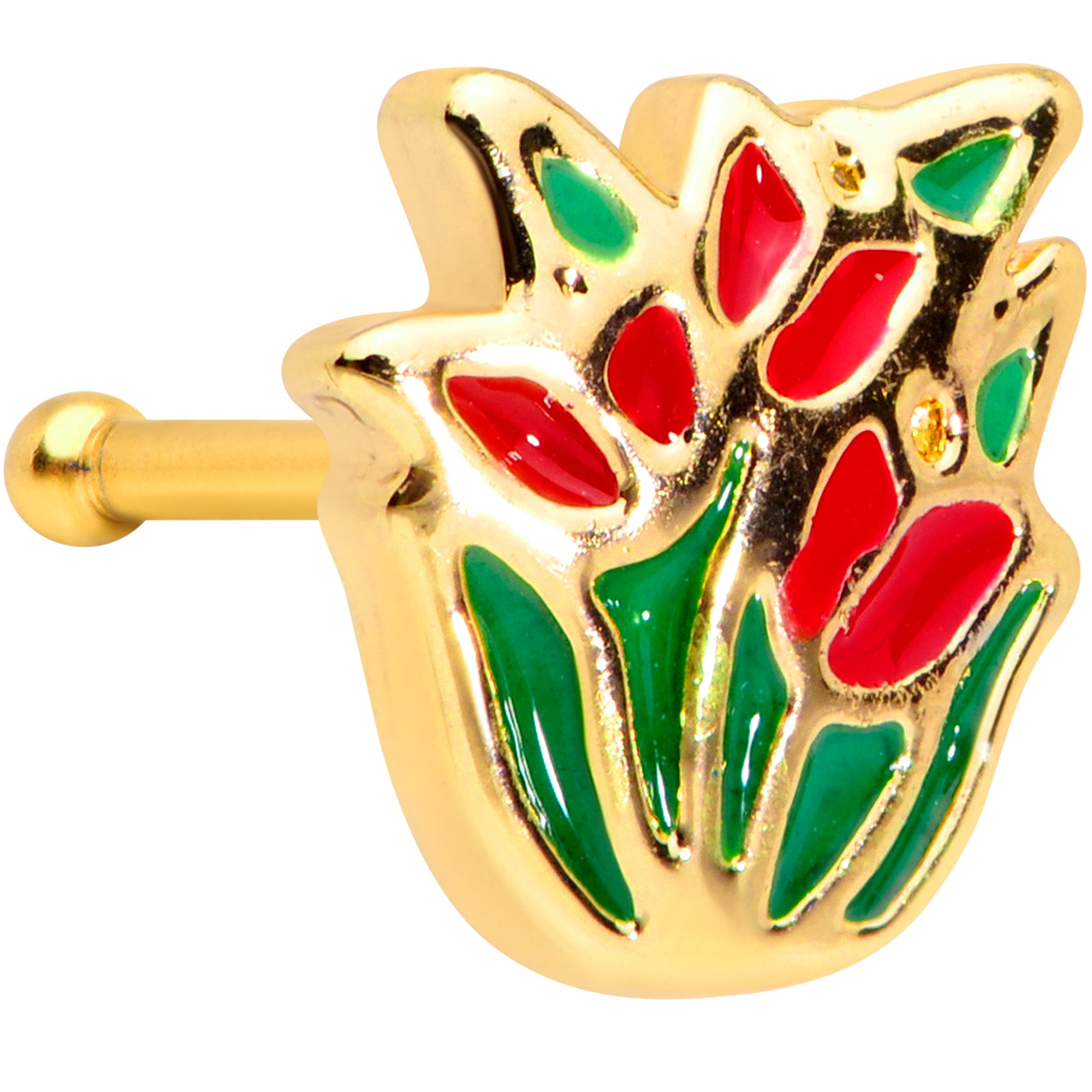 20G 1/4 Gold Tone Springtime Red Tulip Flowers Nose Bone