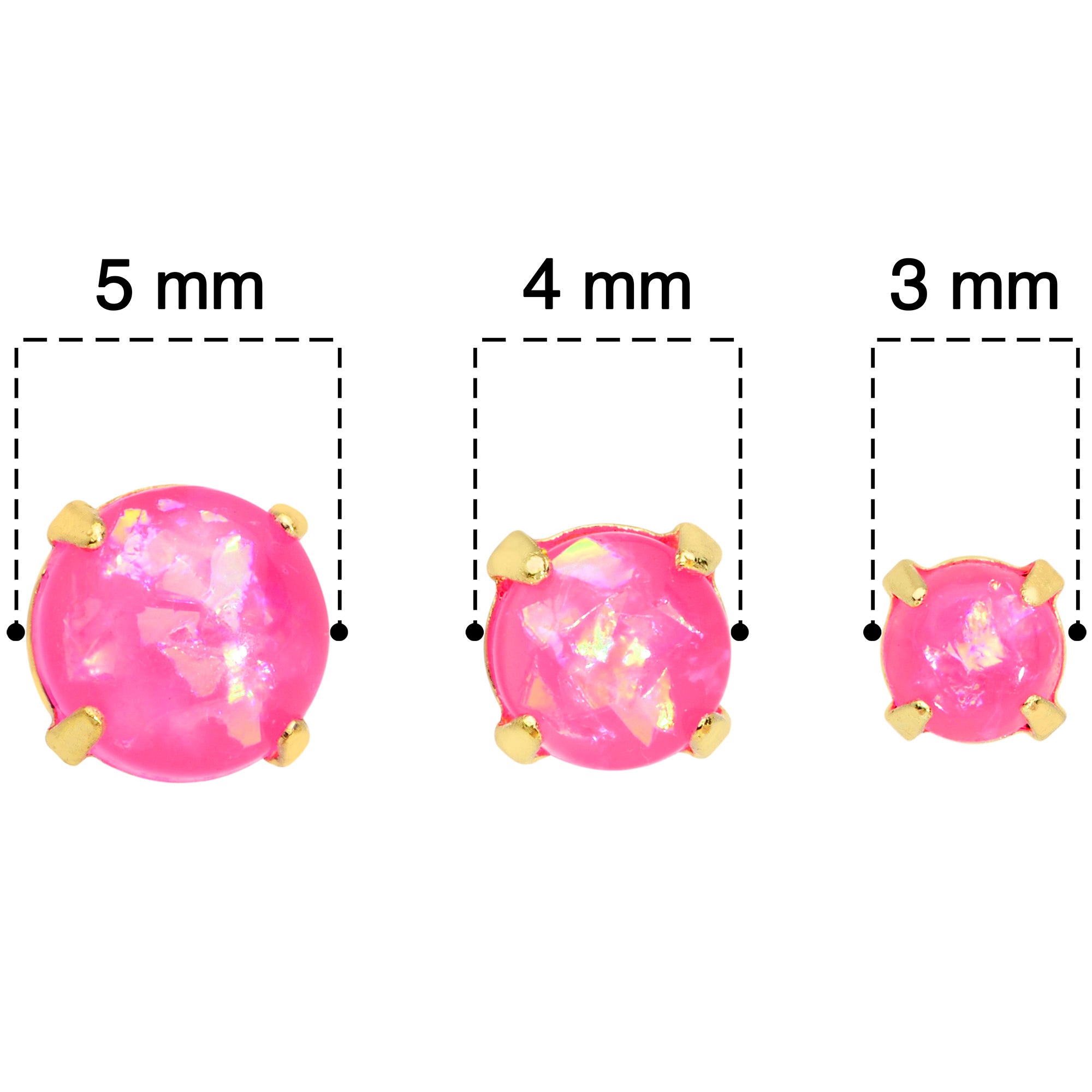 20 Gauge Pink Faux Opal Gold Tone 3mm to 5mm Stud Earrings Set of 3