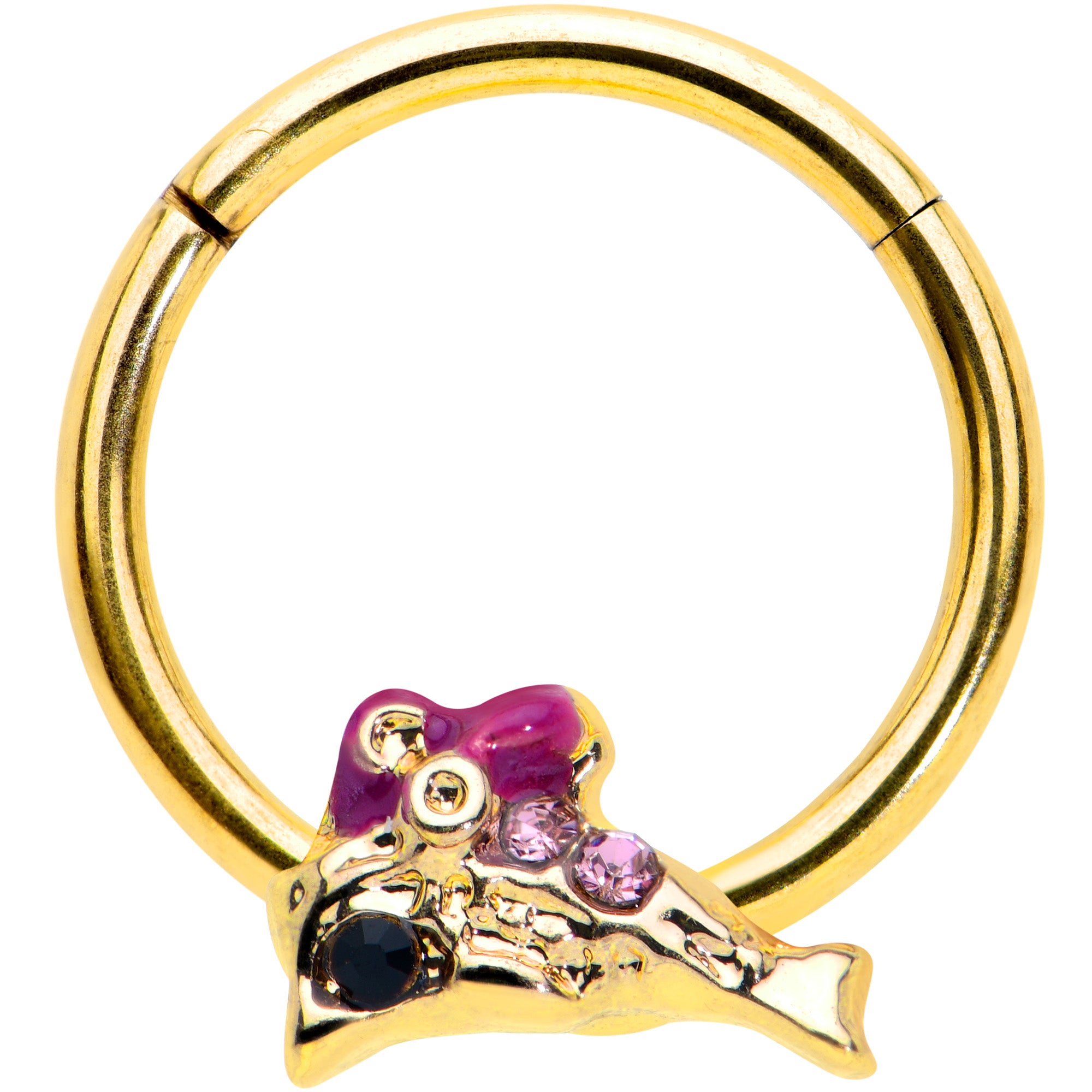 16G 3/8 Purple Gem Gold Tone Dainty Dolphin Hinged Segment Ring