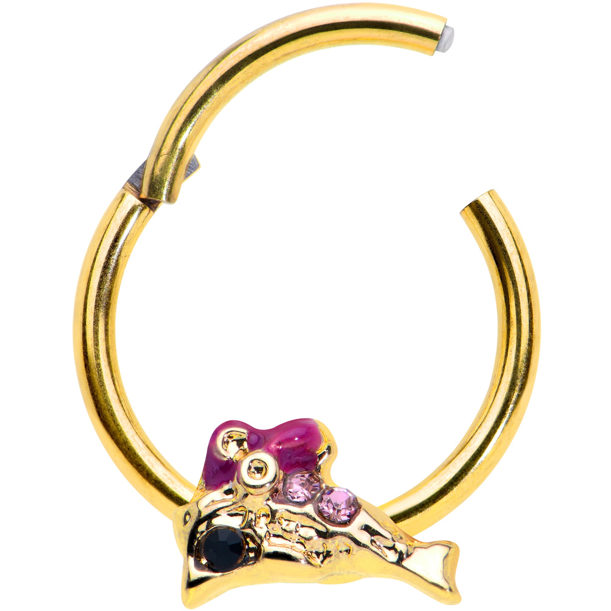 16G 3/8 Purple Gem Gold Tone Dainty Dolphin Hinged Segment Ring