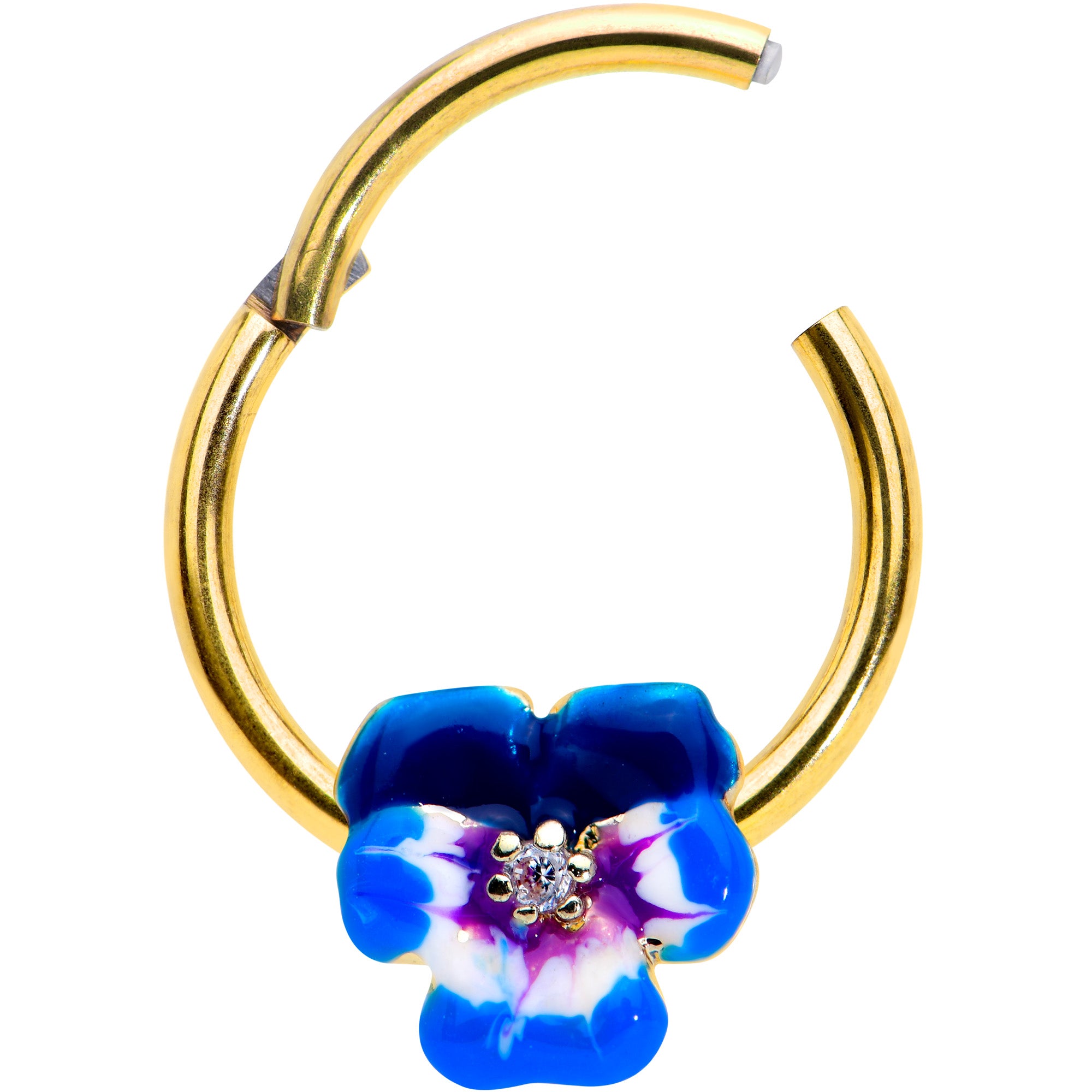 16 Gauge 3/8 Clear CZ Gem Gold Tone Spring Flower Hinged Segment Ring