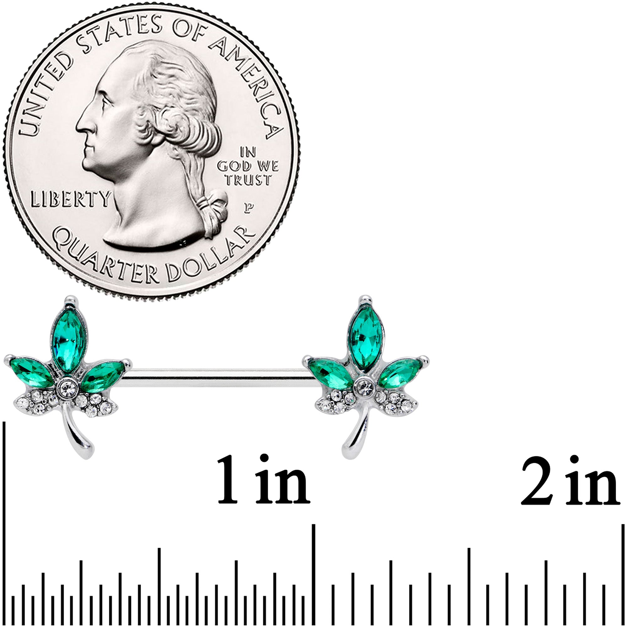 14G 9/16 Clear Green Gem Pot Leaf Barbell Nipple Ring Set