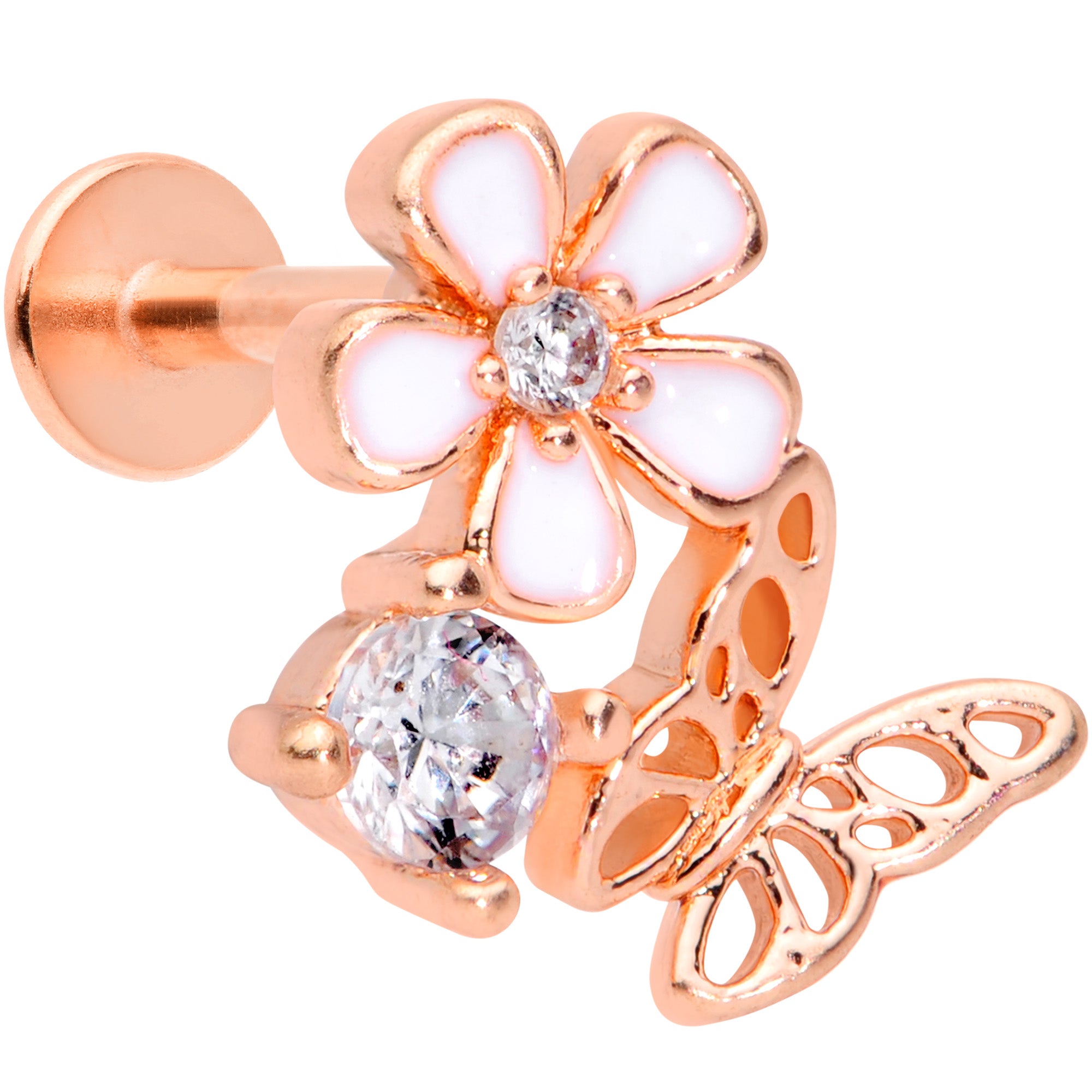 16G 5/16 Clear CZ Rose Gold Tone Butterfly Flower Labret Tragus