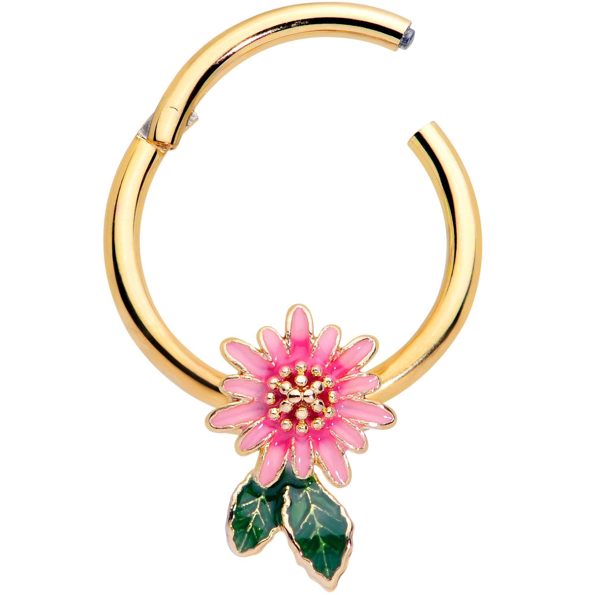 16 Gauge 3/8 Gold Tone Pink Spring Flower Hinged Segment Ring