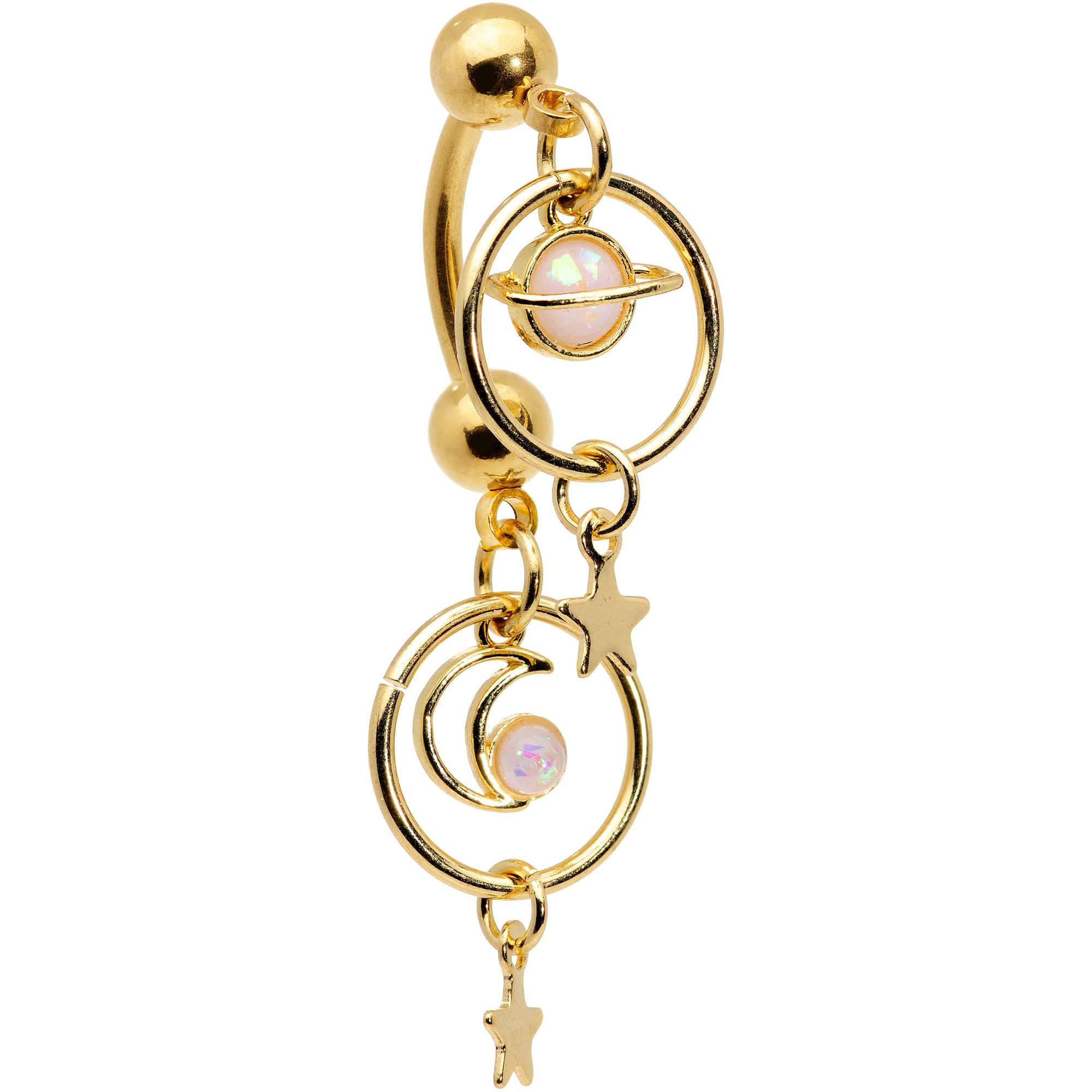 White Synthetic Opal Gold Tone Saturn Moon Double Mount Belly Ring