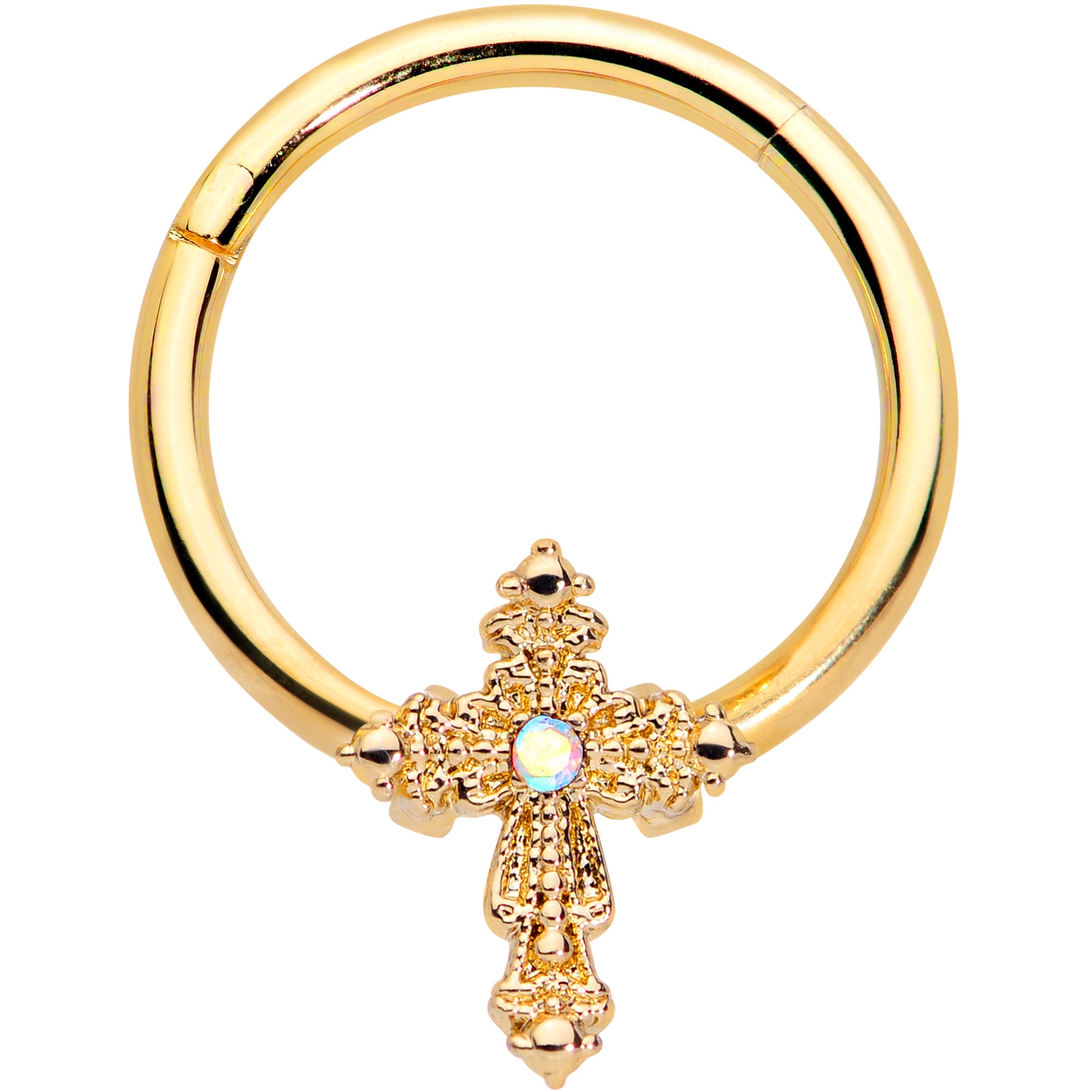 16G 3/8 Aurora CZ Gem Gold Tone Subtle Cross Hinged Segment Ring