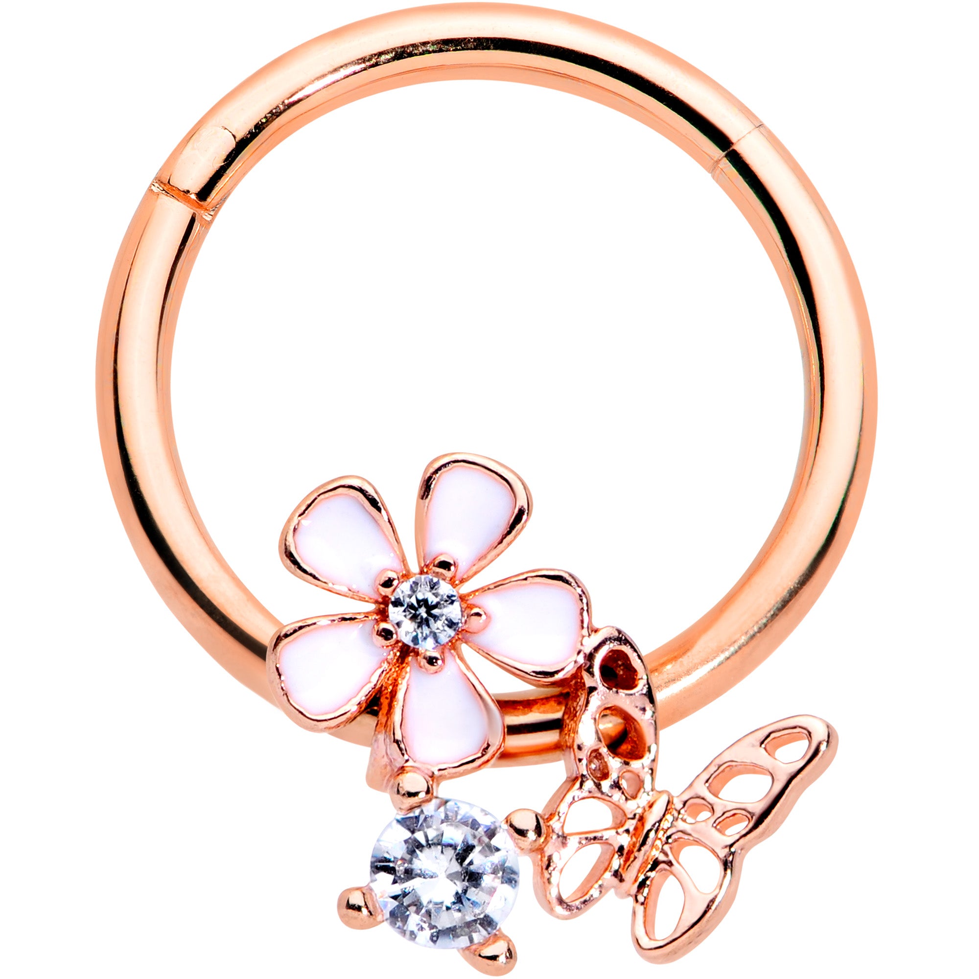 16G 3/8 Clear CZ Gem Rose Gold Tone Butterfly Flower Segment Ring