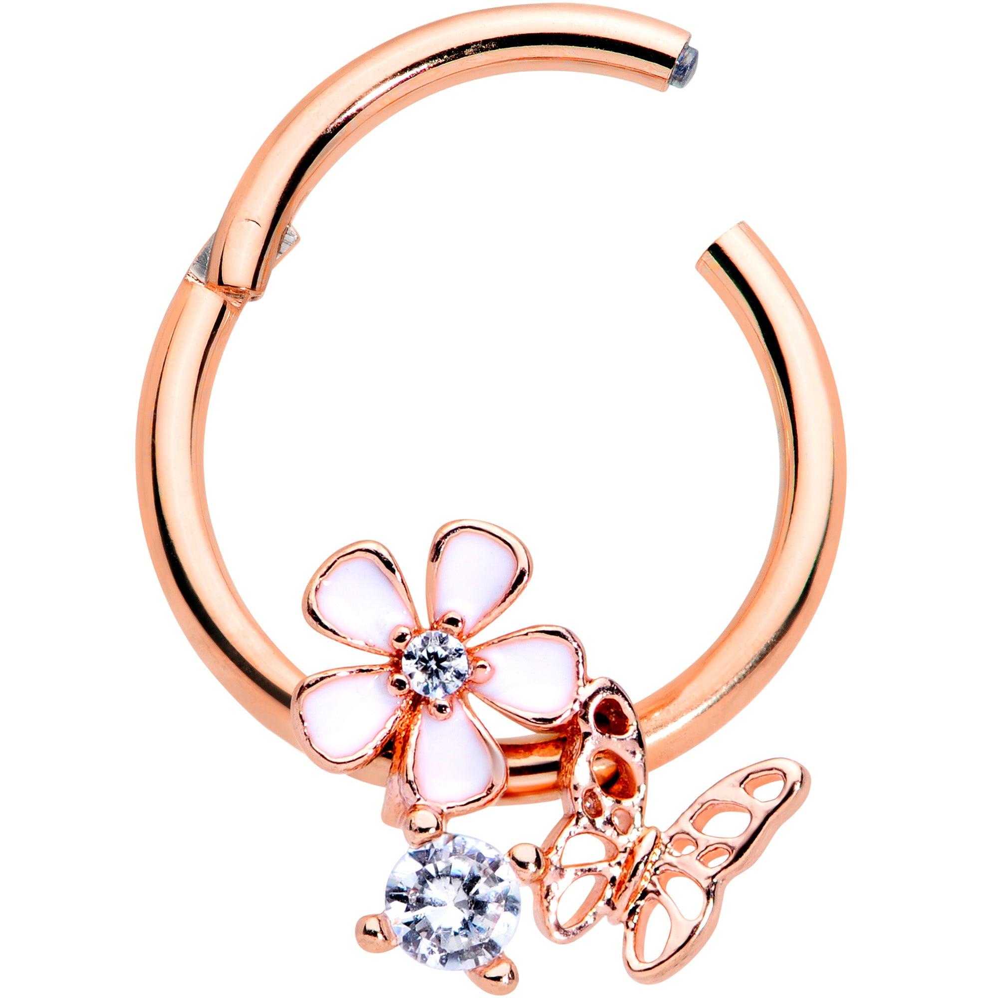 16G 3/8 Clear CZ Gem Rose Gold Tone Butterfly Flower Segment Ring