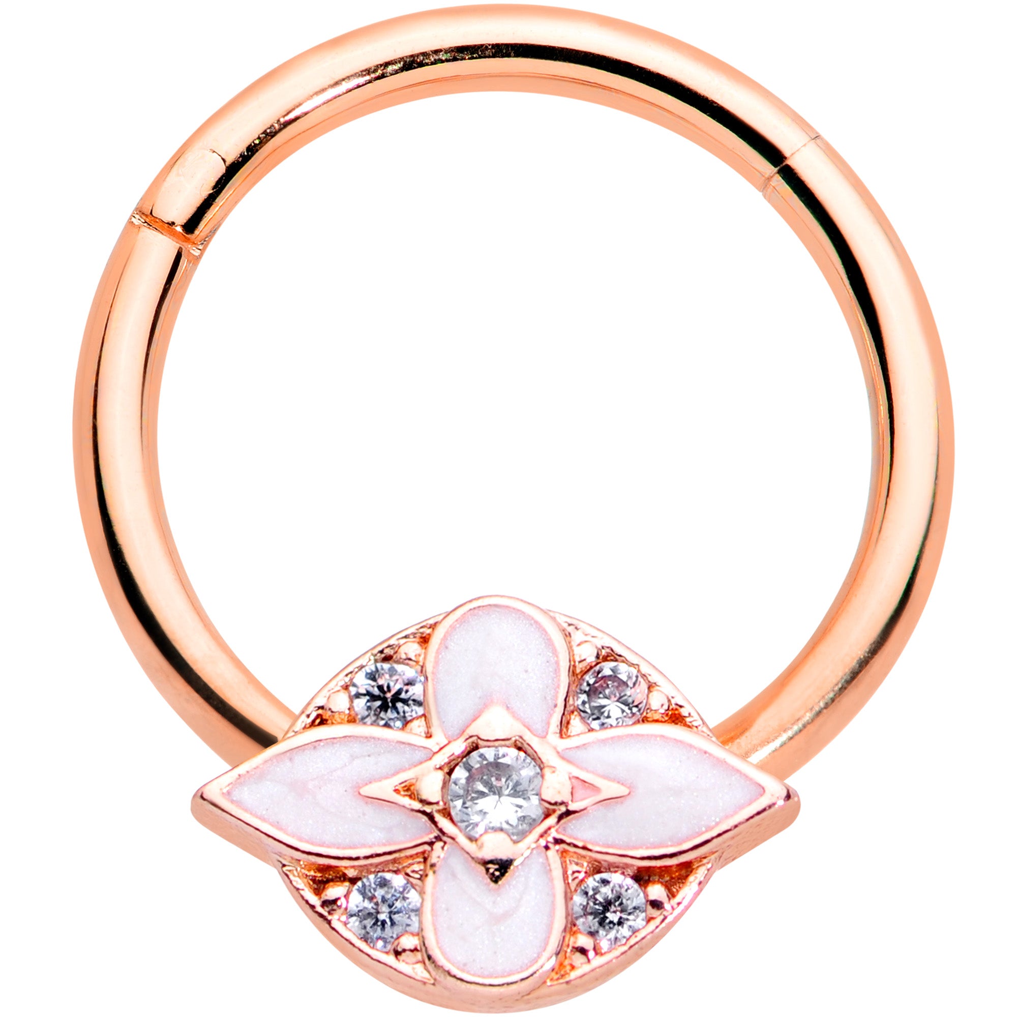 16G 3/8 Clear CZ Gem Rose Gold Hue Pink Cross Hinged Segment Ring