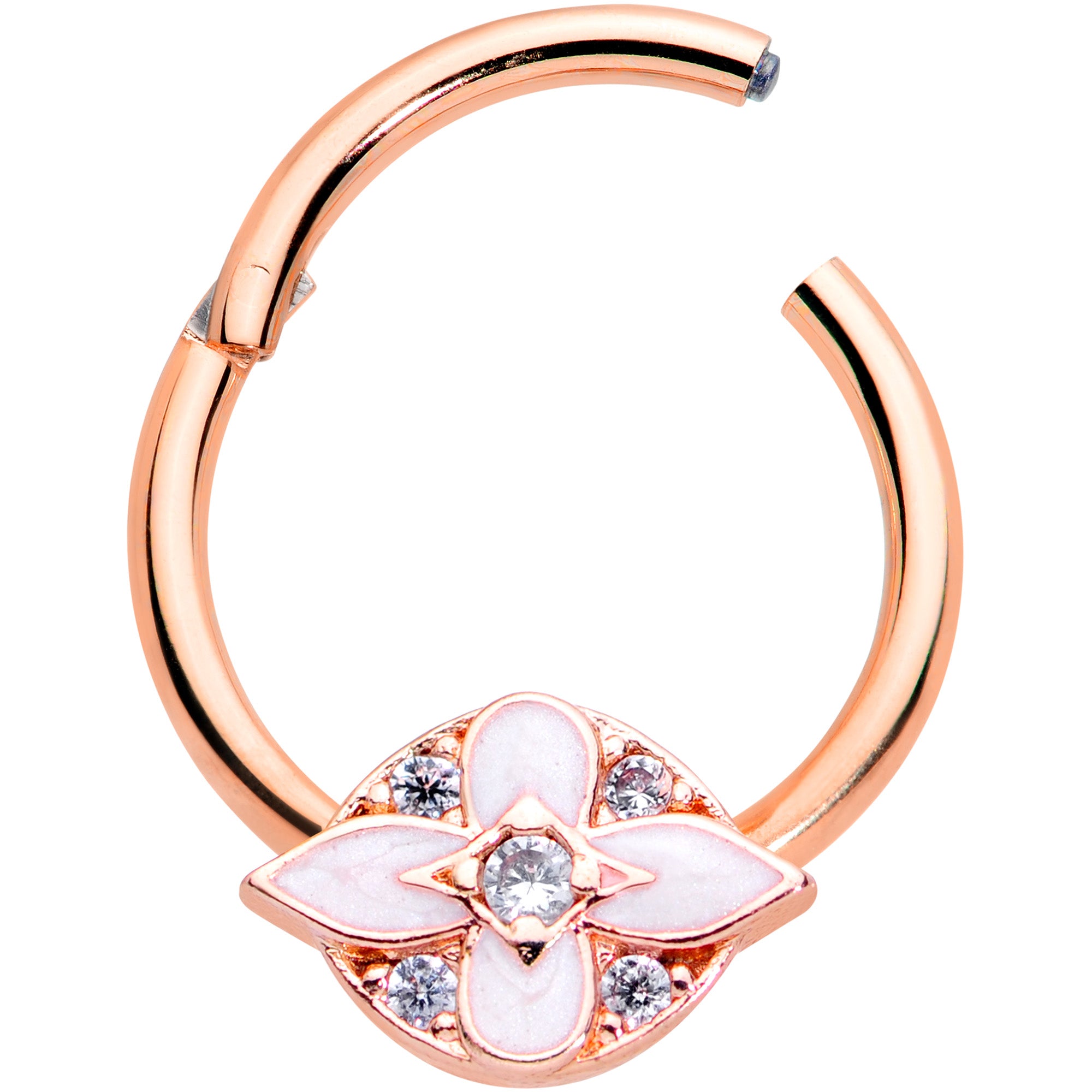 16G 3/8 Clear CZ Gem Rose Gold Hue Pink Cross Hinged Segment Ring