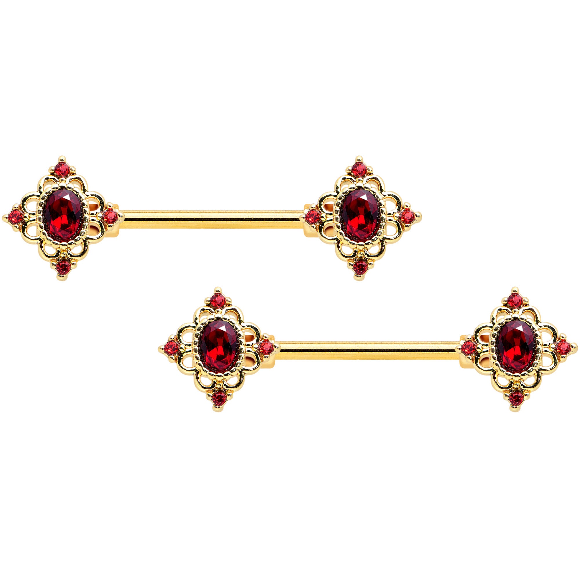 14 Gauge 9/16 Red Gem Gold Tone Rich Rhombus Barbell Nipple Ring Set