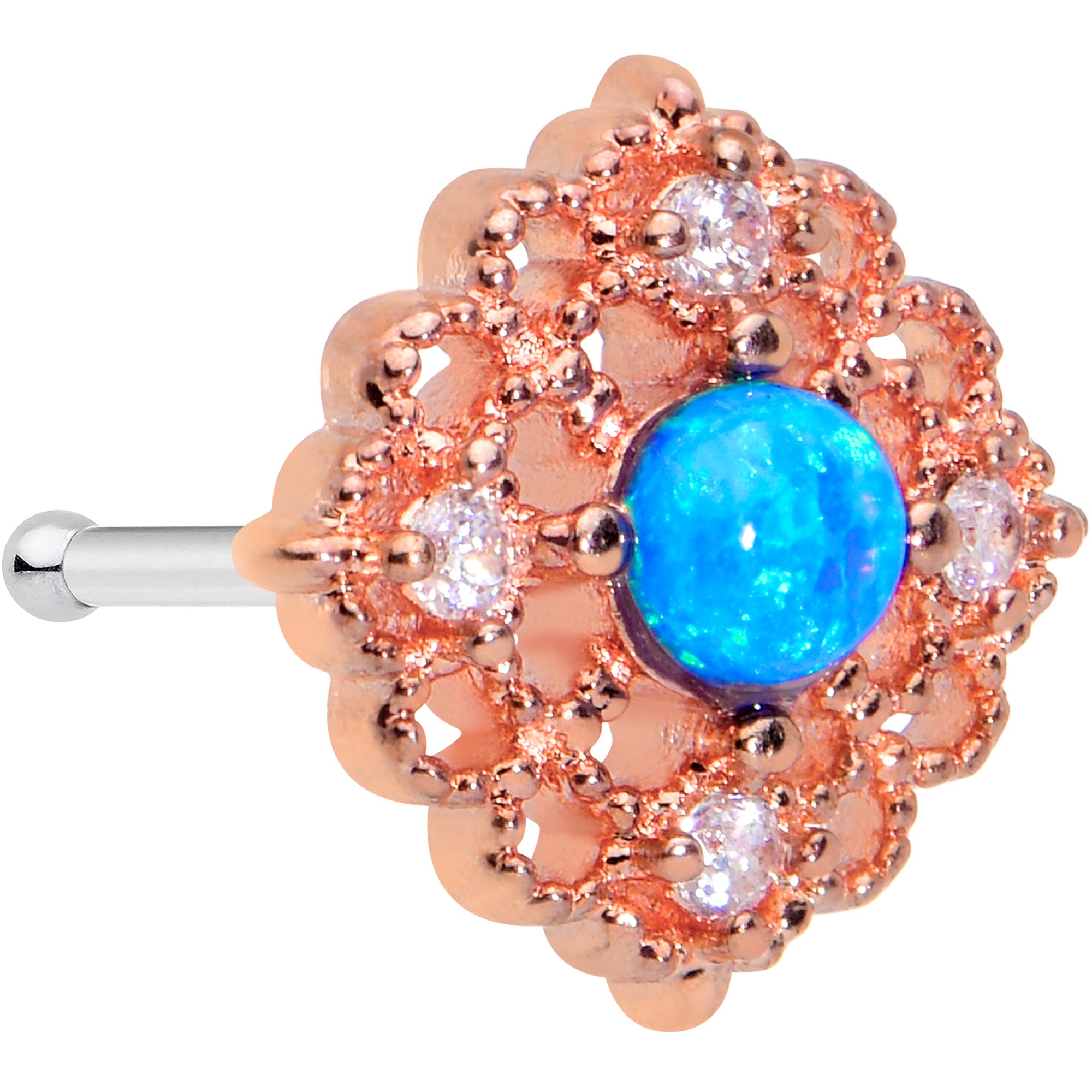 20G 5/16 Blue Synthetic Opal Lacy Rosy Tone Nose Bone