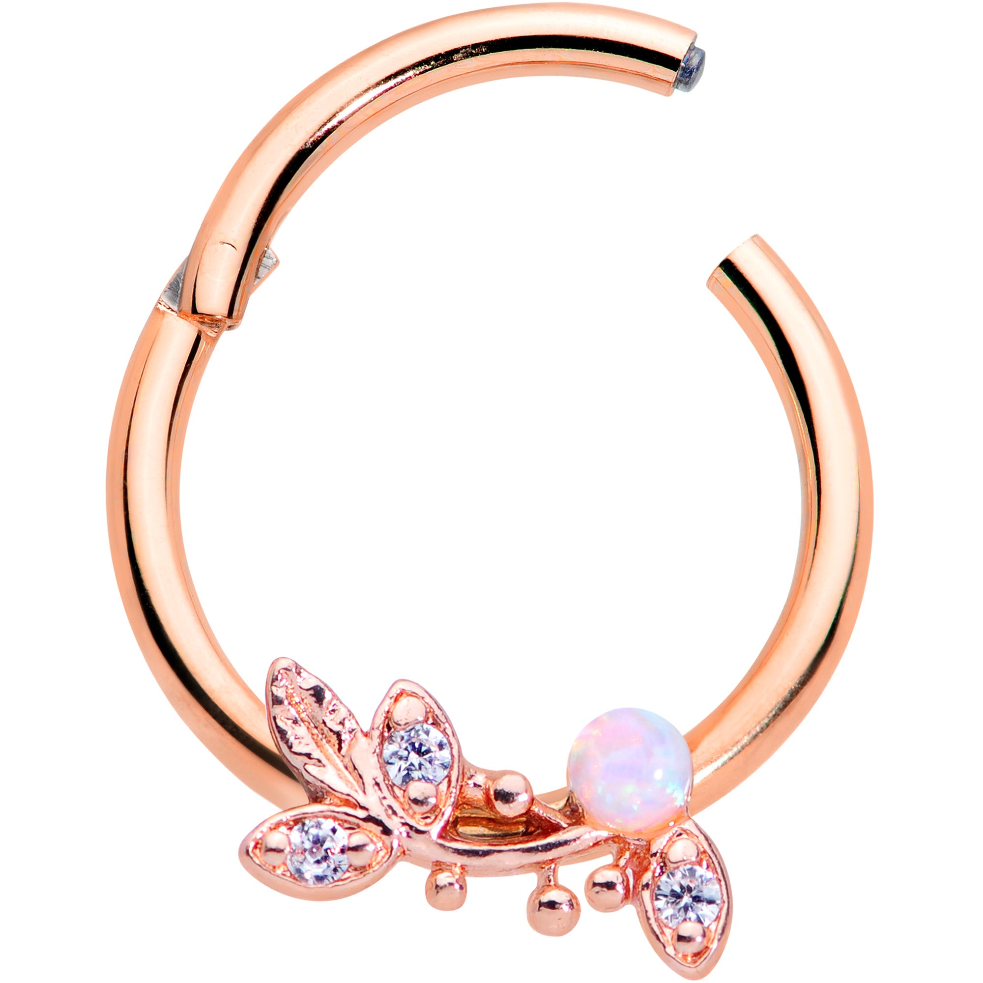 16G 3/8 White Faux Opal Rose Gold Tone Leaves Hinged Segment Ring