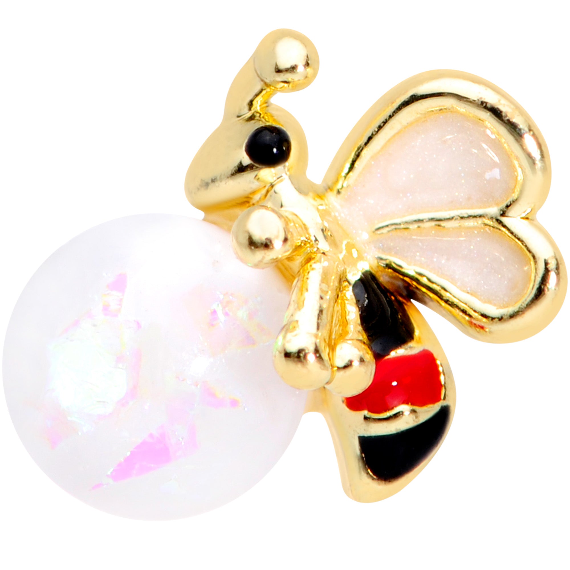 20G 1/4 White Faux Opal Gold Tone Insect Nose Bone