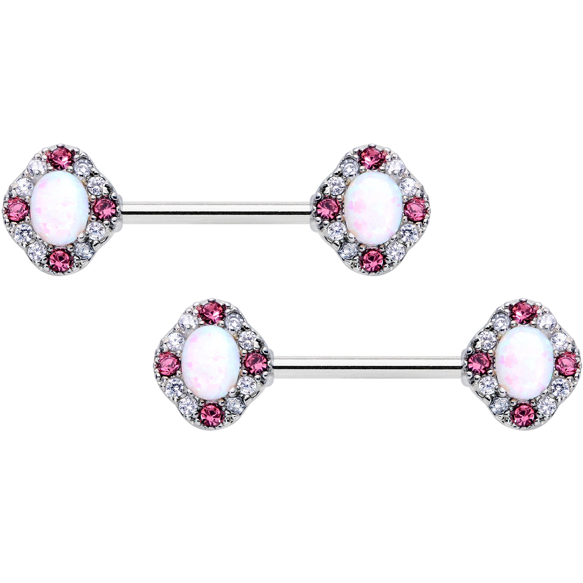 14G 9/16 White Synthetic Opal Glam Oval Barbell Nipple Ring Set