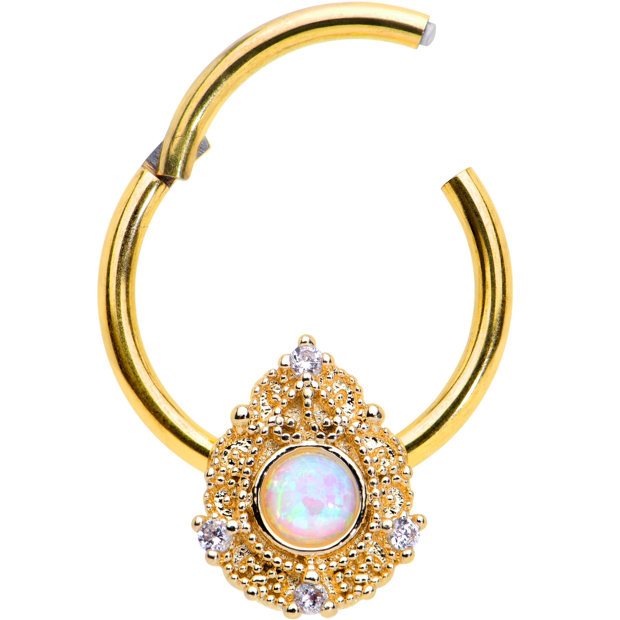16G 3/8 White Synthetic Opal Gold Tone Elegant Hinged Segment Ring