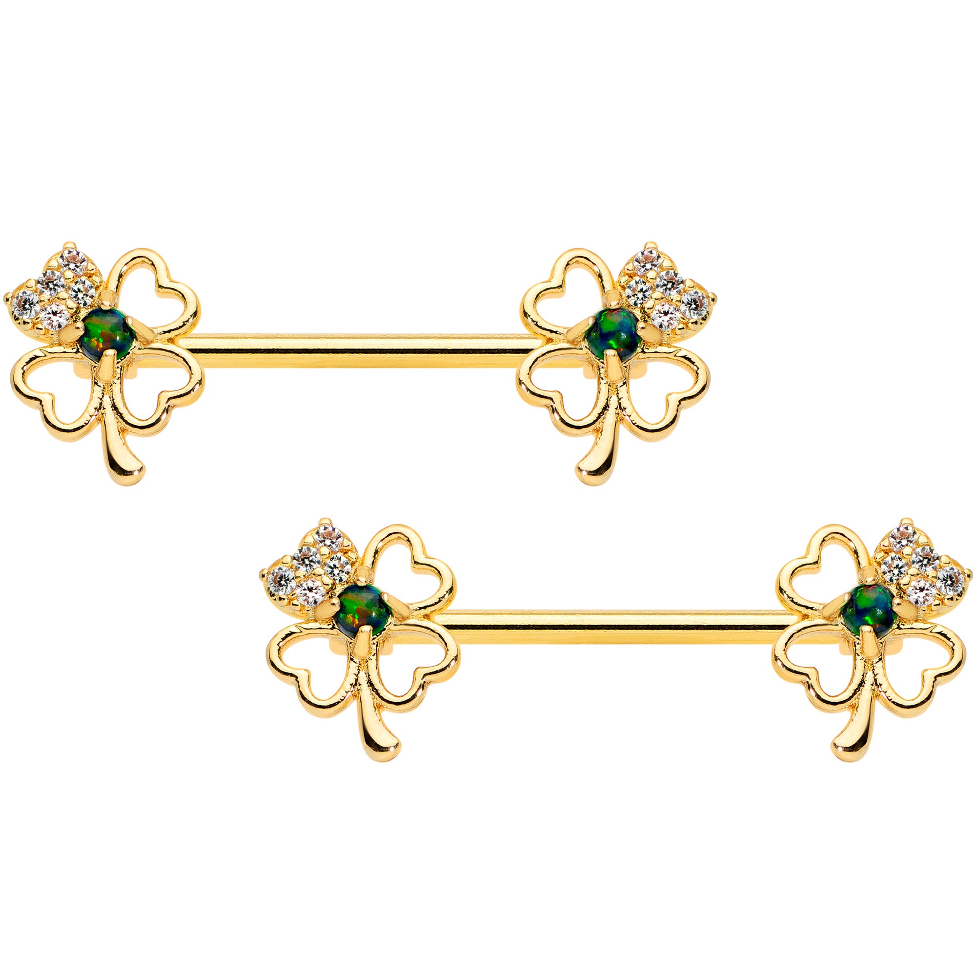 14G 9/16 Green Synthetic Opal Gold Tone Shamrock Nipple Ring Set
