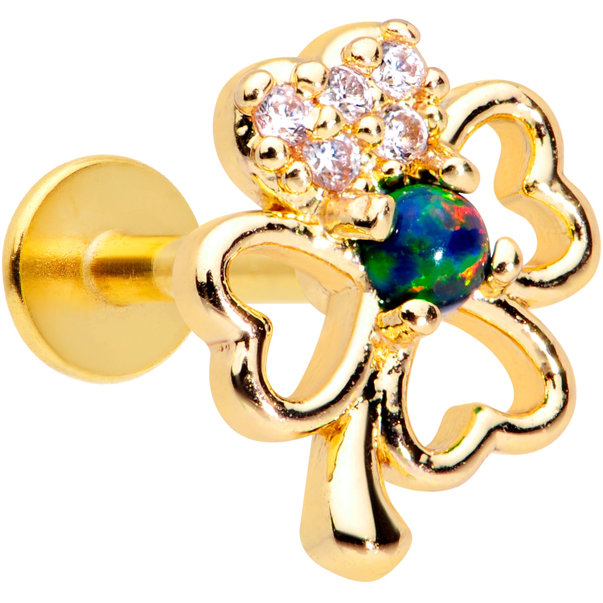 16G 5/16 Green Synthetic Opal Gold Tone Shamrock Labret Tragus