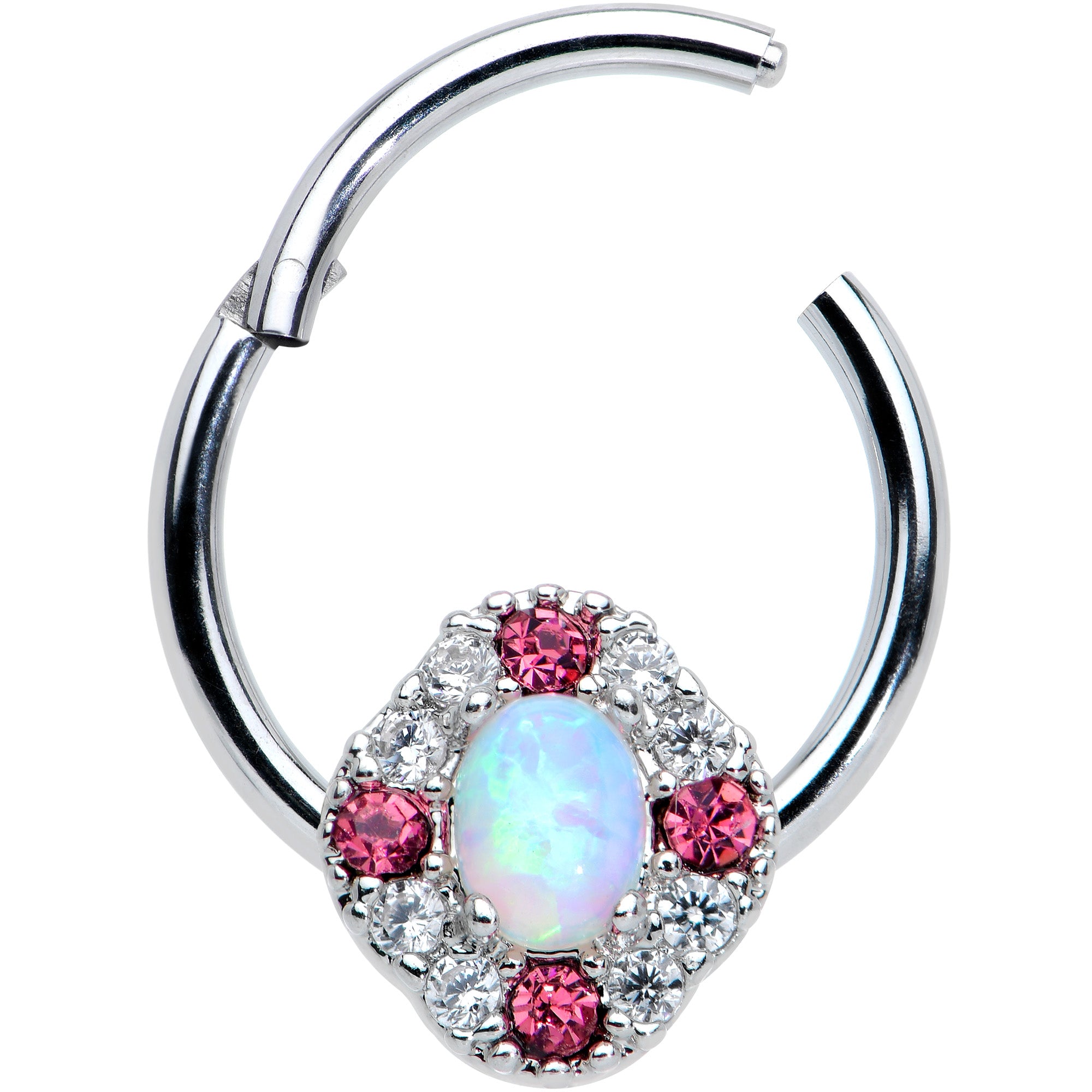 16G 3/8 White Synthetic Opal Glam Oval Hinged Segment Ring