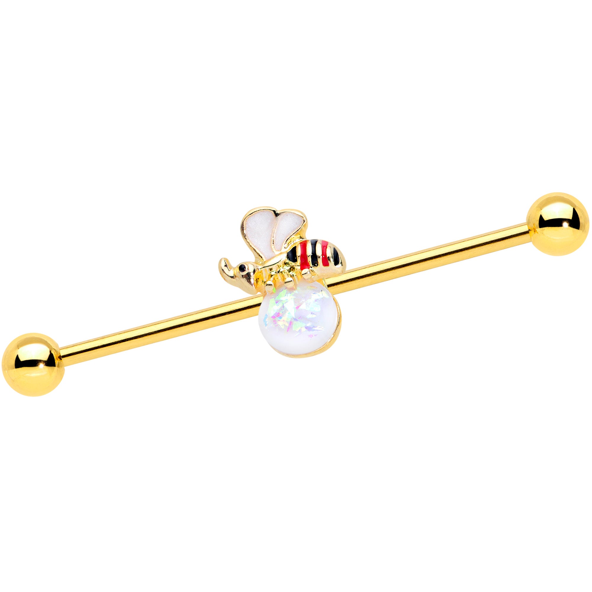 14G White Faux Opal Gold Tone Insect Industrial Barbell 38mm