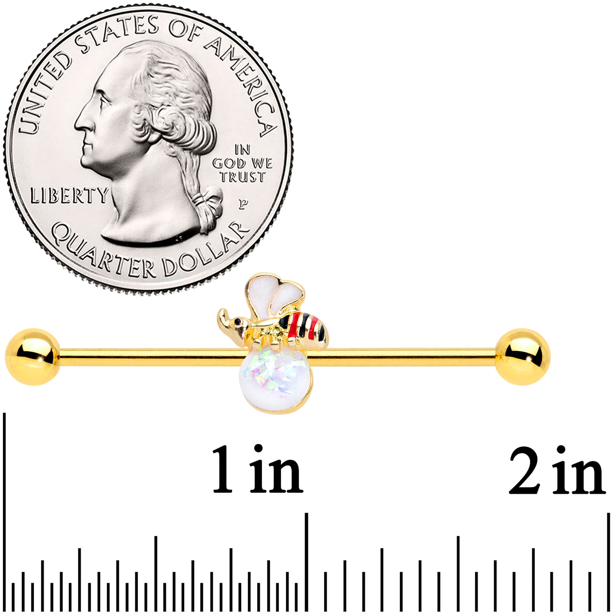14G White Faux Opal Gold Tone Insect Industrial Barbell 38mm