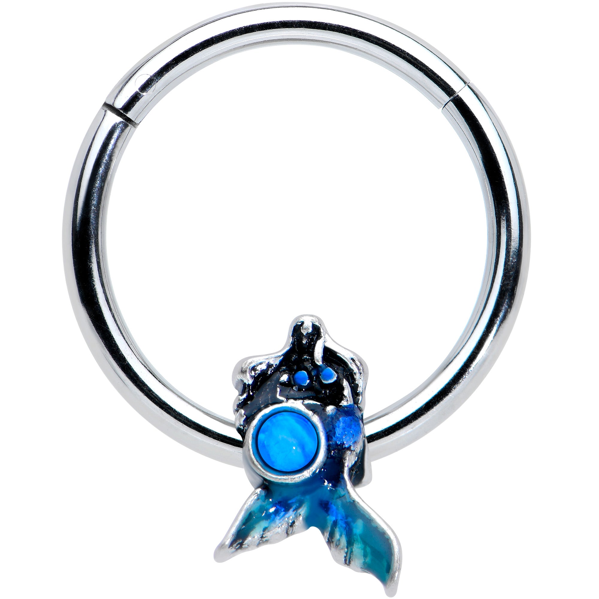 16 Gauge 3/8 Blue Synthetic Opal Blue Tail Mermaid Hinged Segment Ring