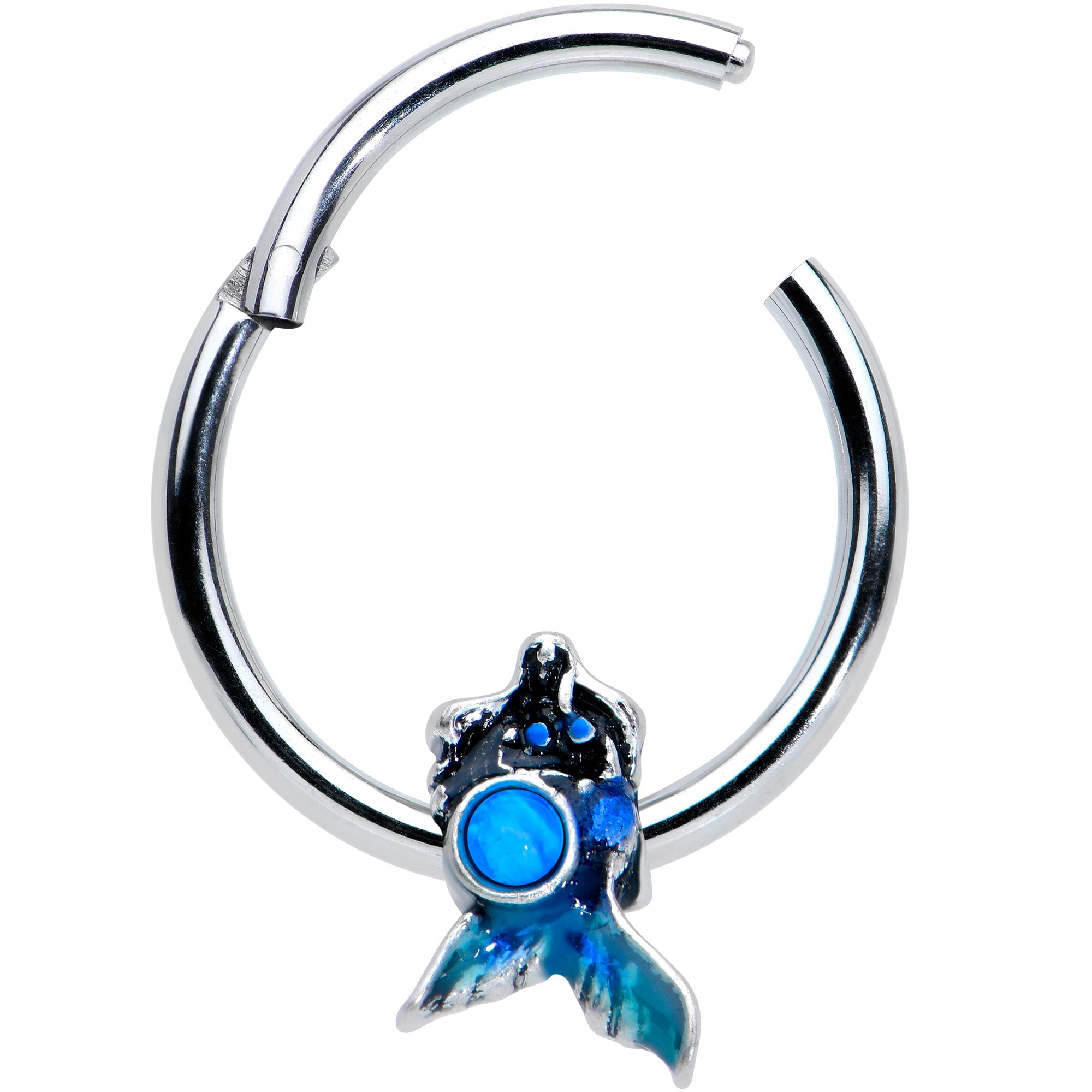 16 Gauge 3/8 Blue Synthetic Opal Blue Tail Mermaid Hinged Segment Ring