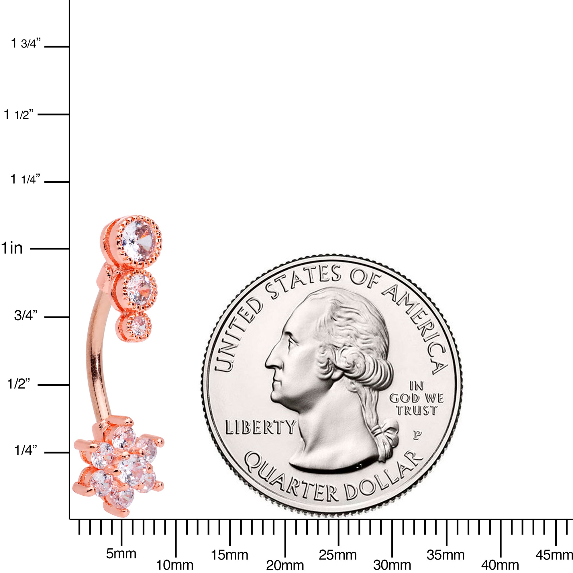 Clear CZ Gem Rose Gold Tone Triple Drop Flower Belly Ring