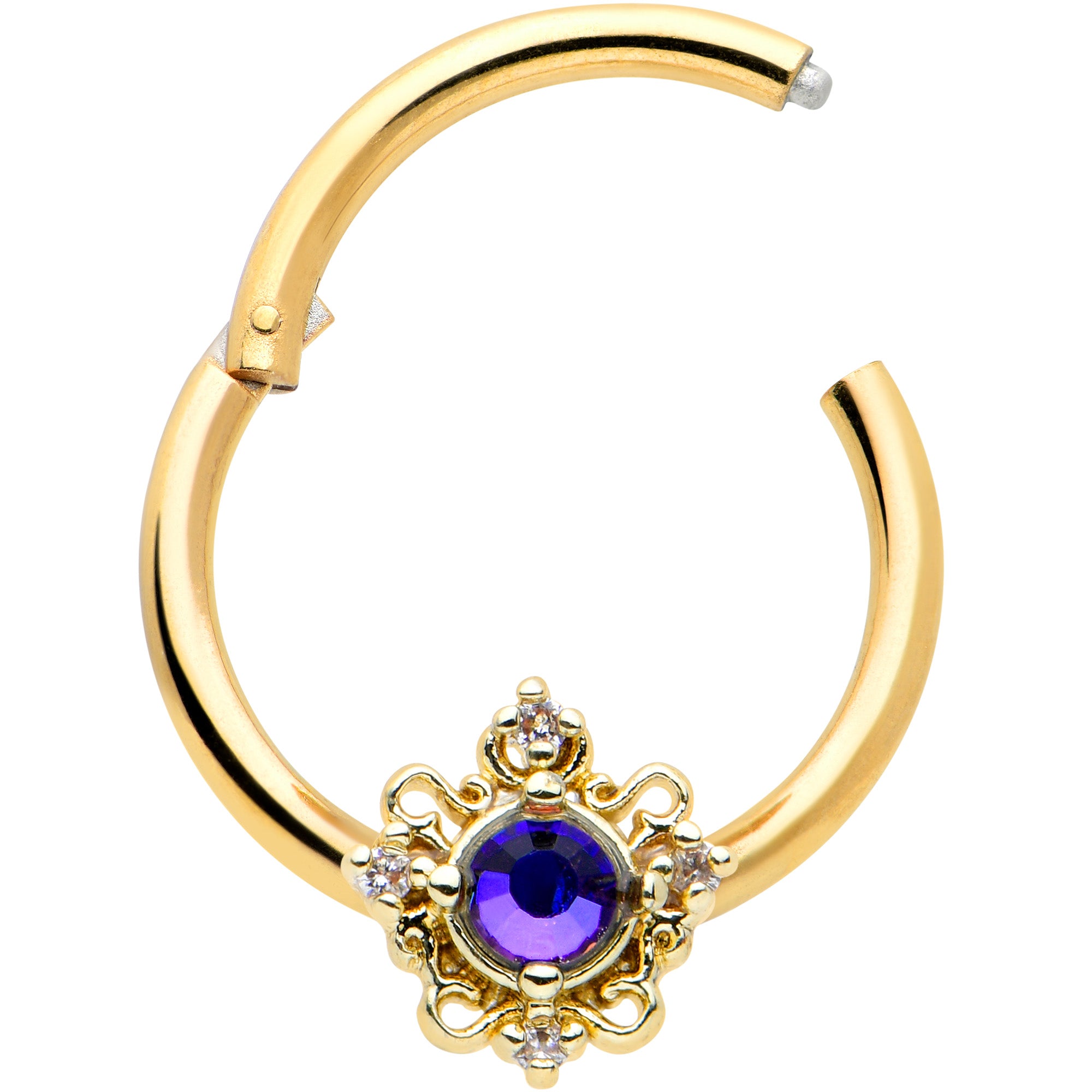 16G 3/8 Purple Tourmaline Gold Tone Filigree Hinged Segment Ring