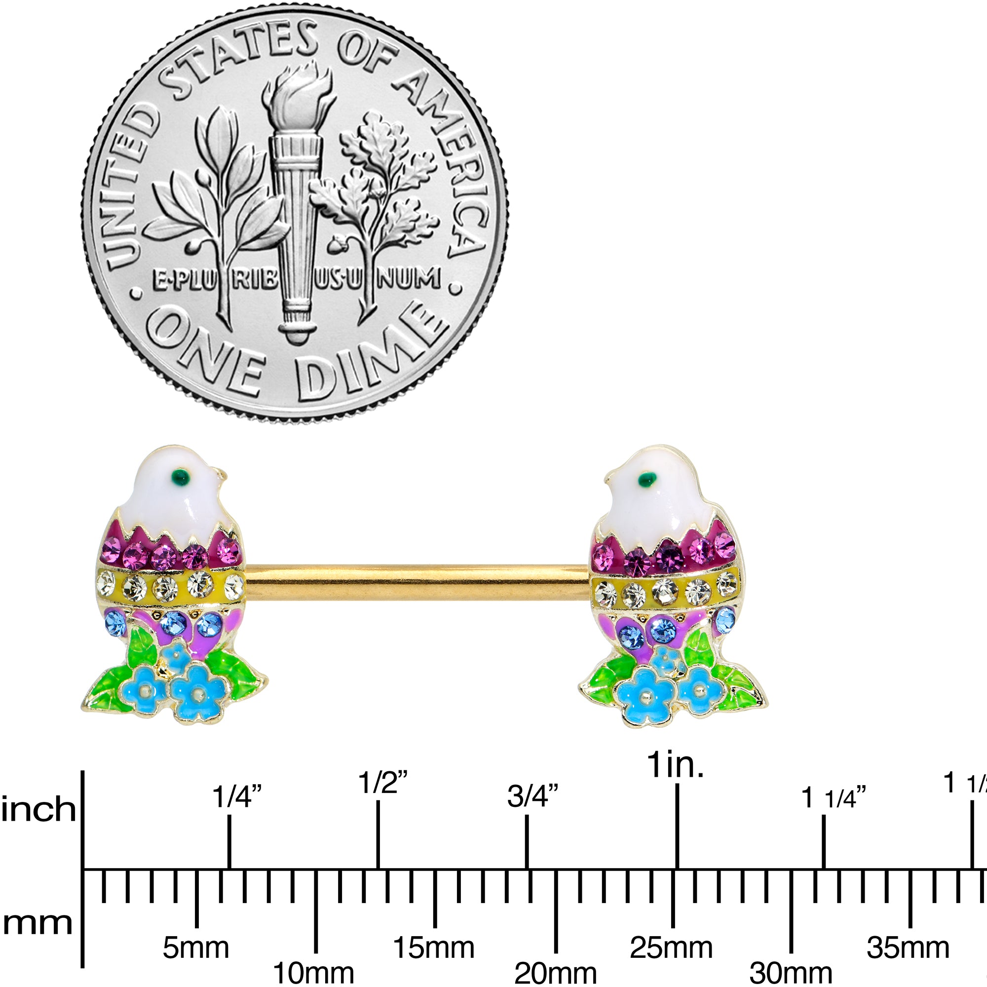 14G 9/16 Clear Blue Gem Gold Tone Easter Chick Nipple Ring Set