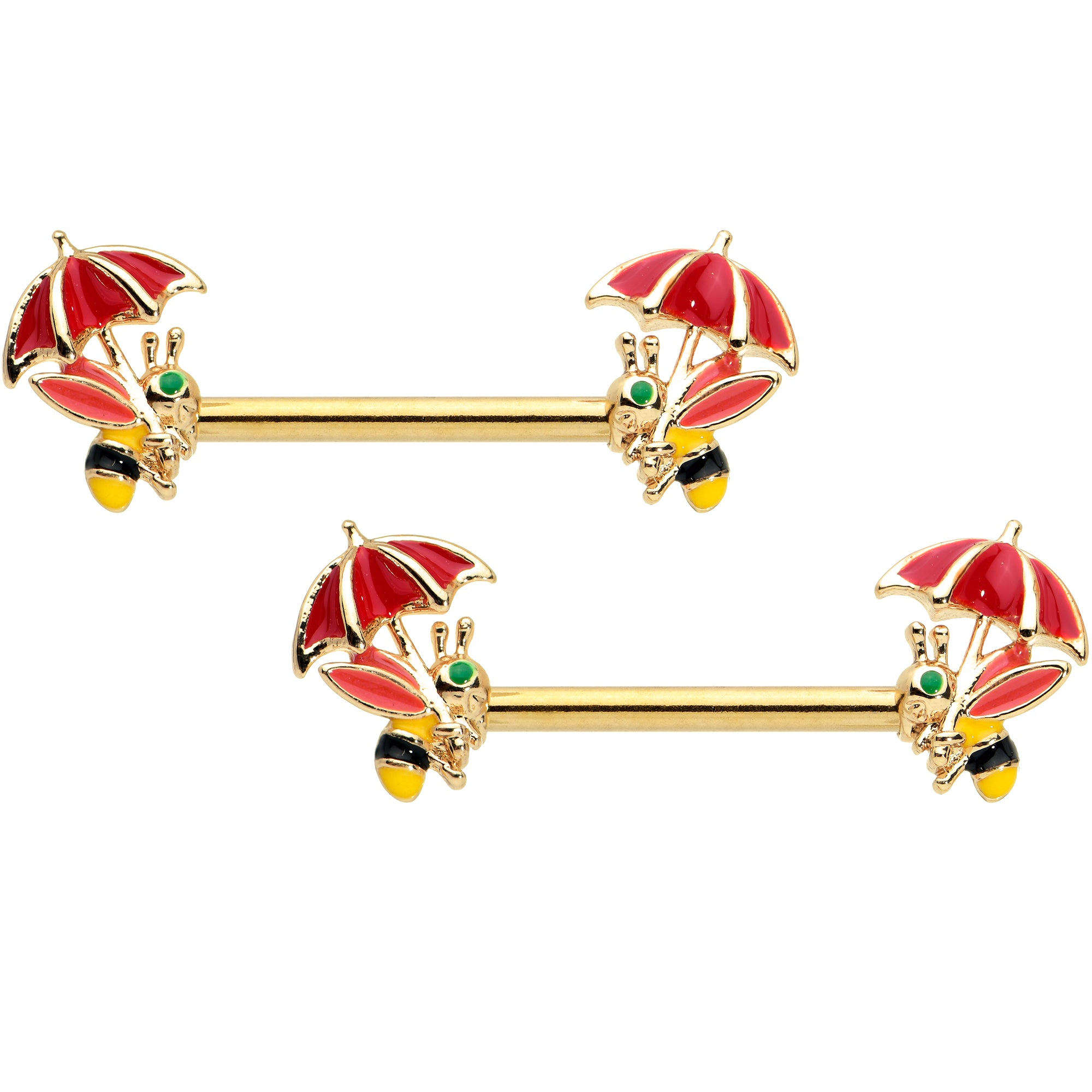 14G 9/16 Gold Tone Rainy Day Umbrella Bee Barbell Nipple Ring Set