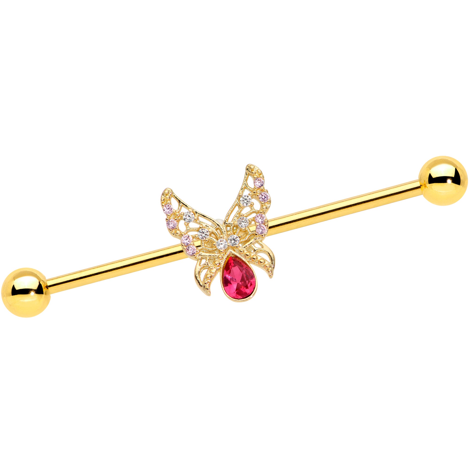 14 Gauge Clear Red Gem Gold Hue Lacy Butterfly Industrial Barbell 38mm