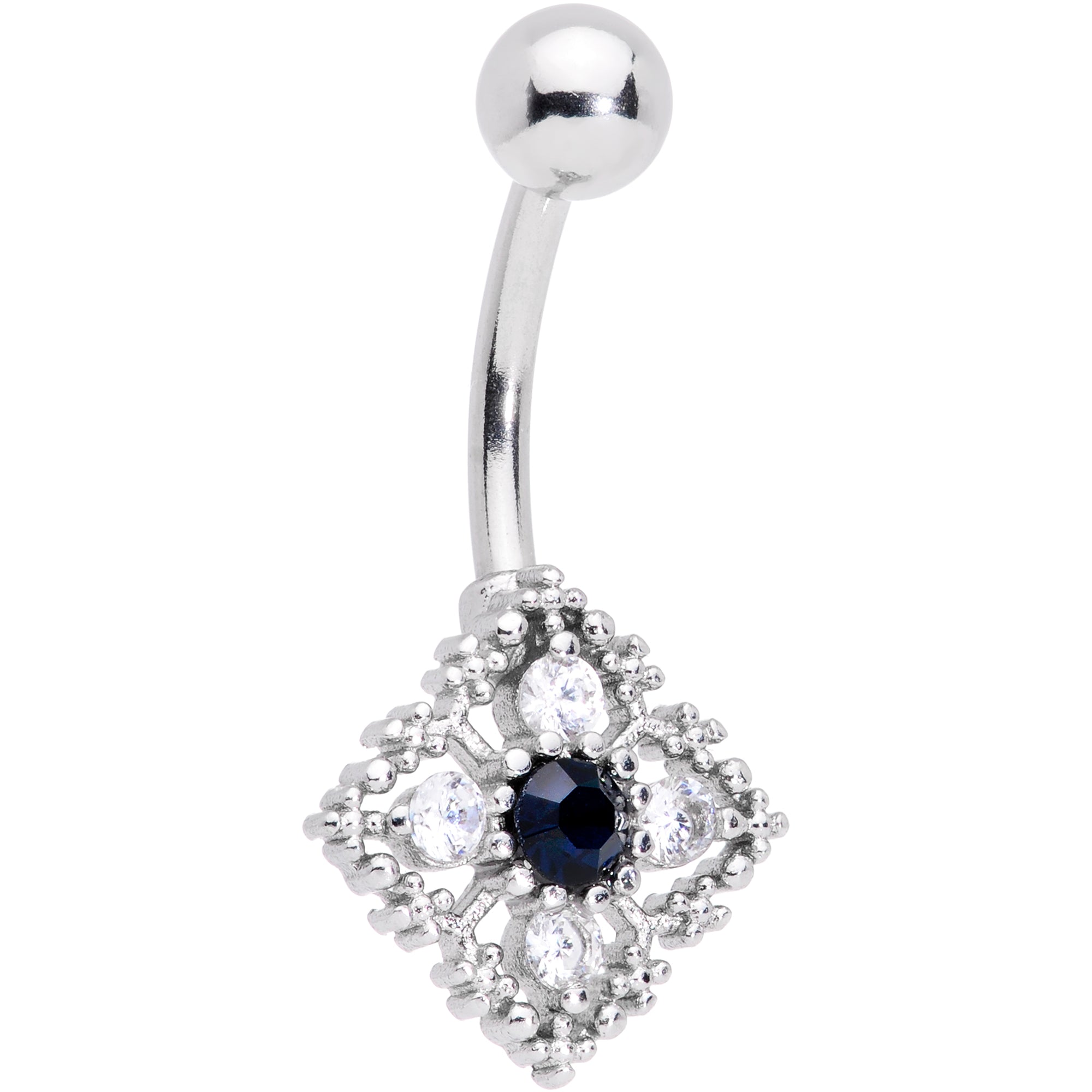 Clear Blue Gem Textured Rhombus Cross Belly Ring