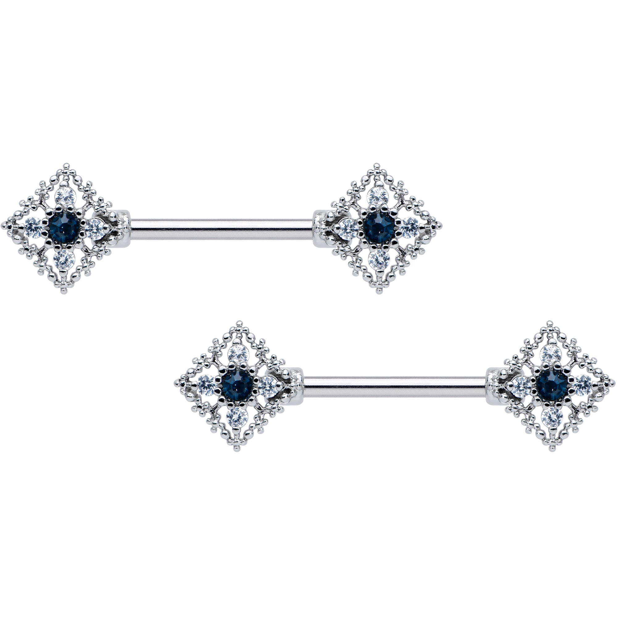 14G 9/16 Clear Blue Gem Textured Rhombus Cross Nipple Ring Set