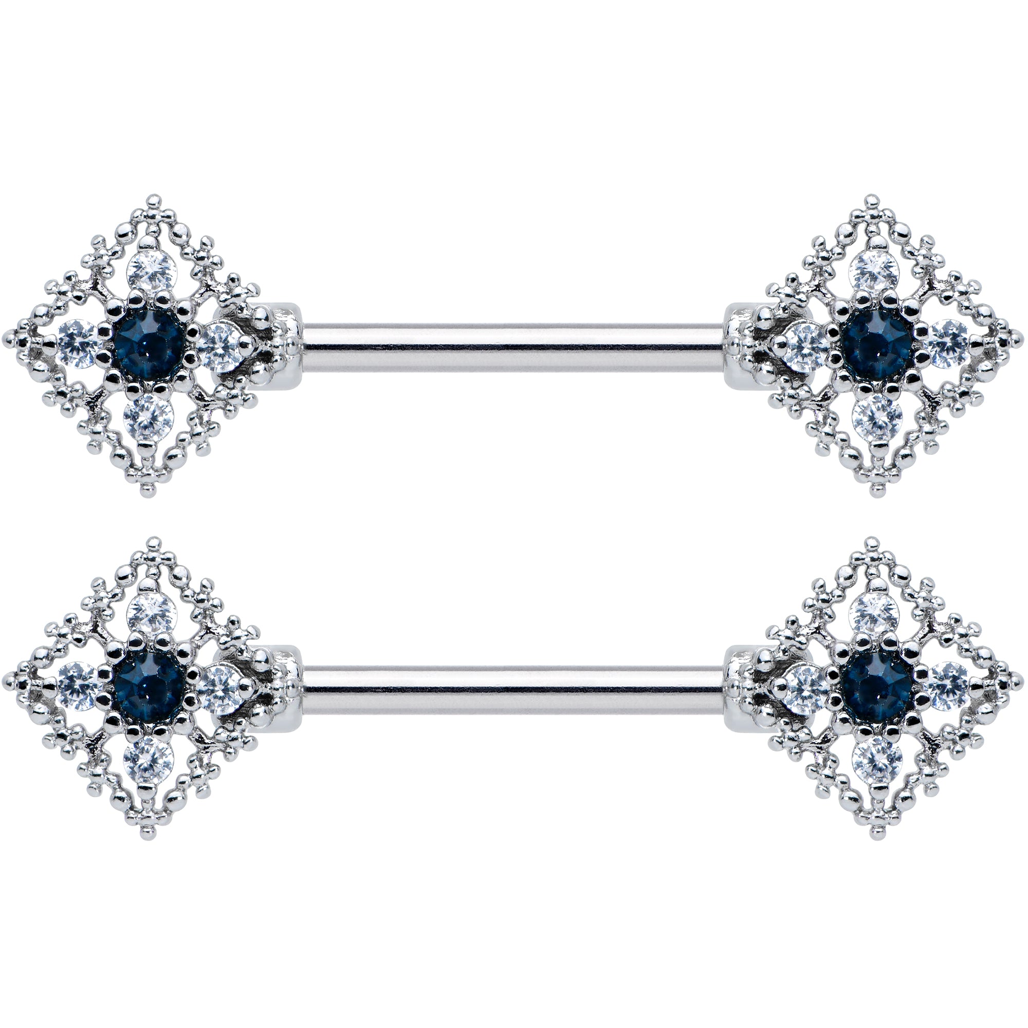 14 Gauge 9/16 Clear Blue Gem Textured Rhombus Cross Nipple Ring Set