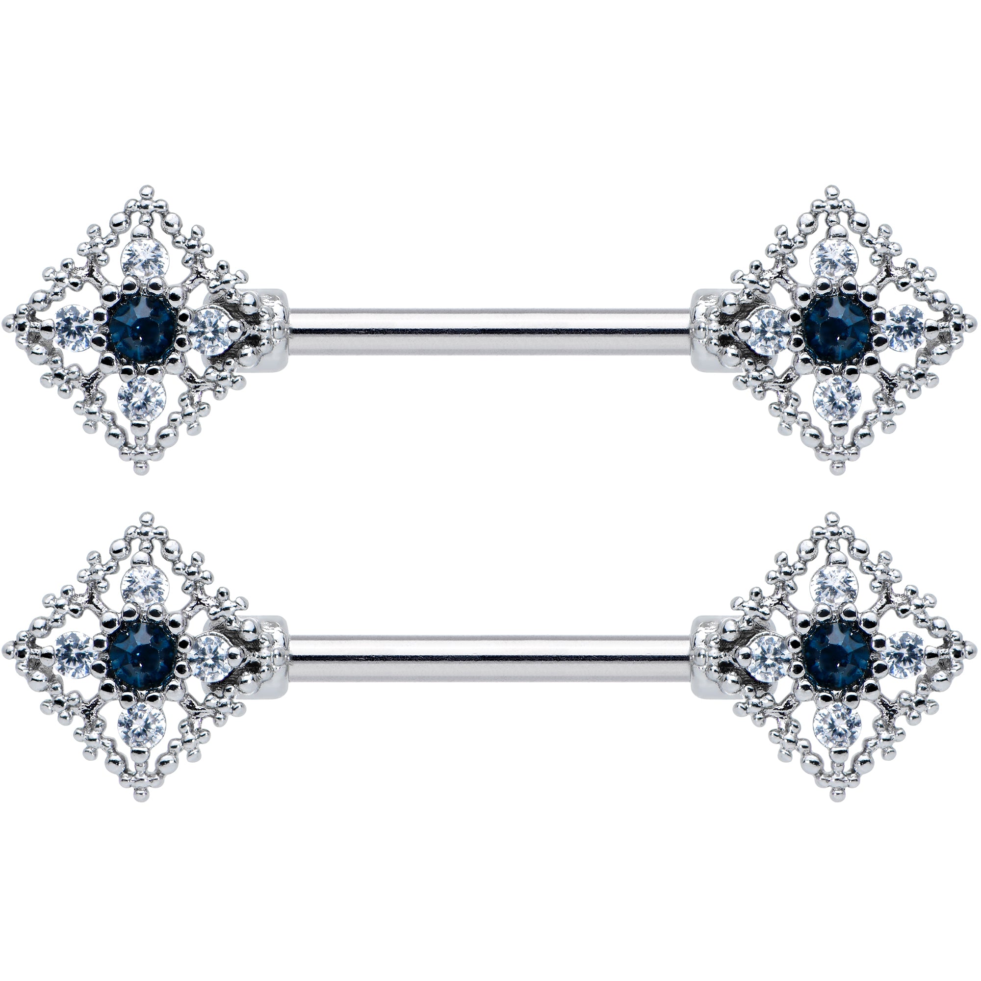 14G 9/16 Clear Blue Gem Textured Rhombus Cross Nipple Ring Set