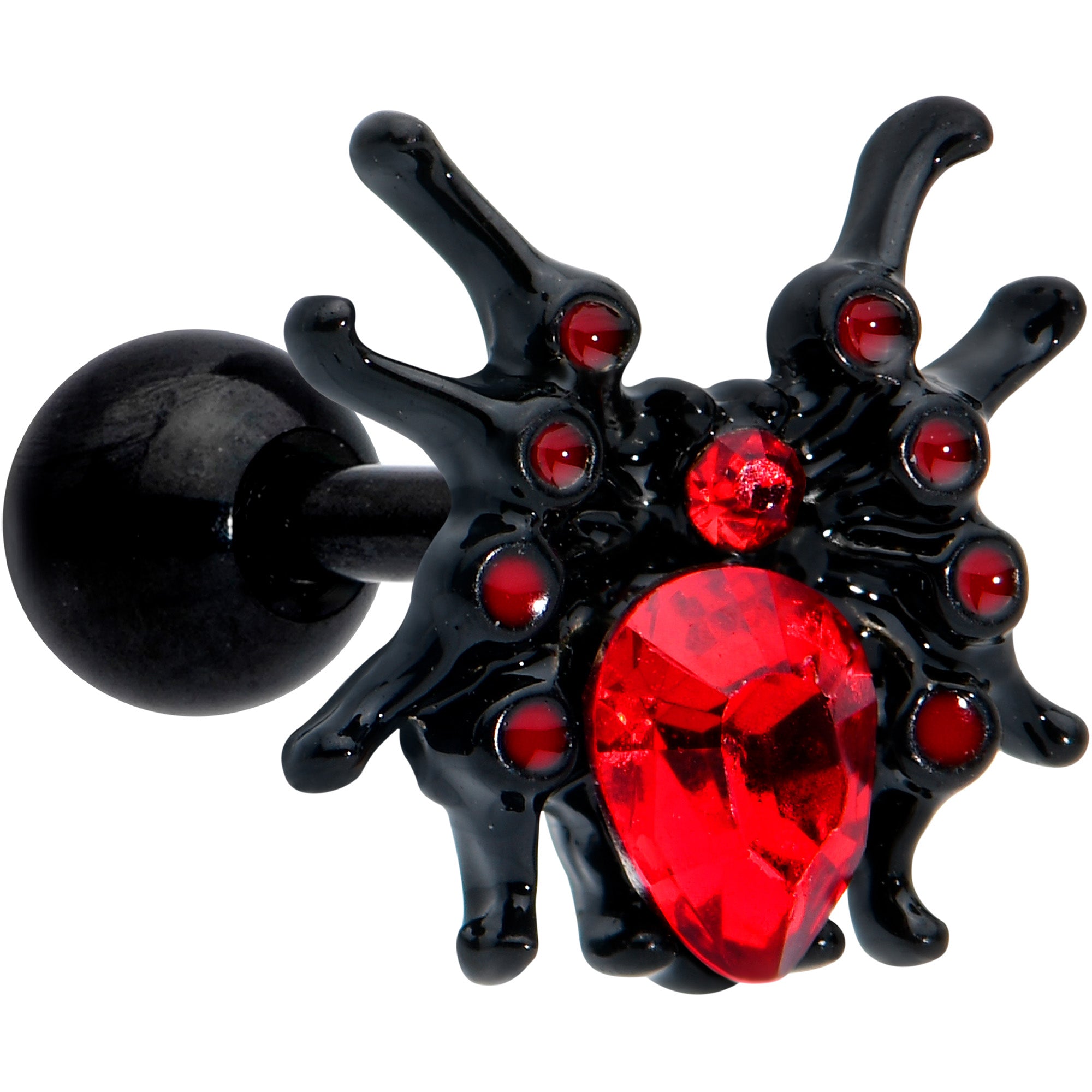 16 Gauge 1/4 Red Gem Black Spider Halloween Cartilage Tragus Earring