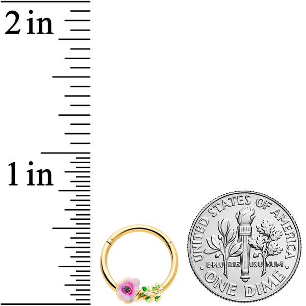 16 Gauge 3/8 Purple CZ Gem Gold Tone Pink Flower Hinged Segment Ring