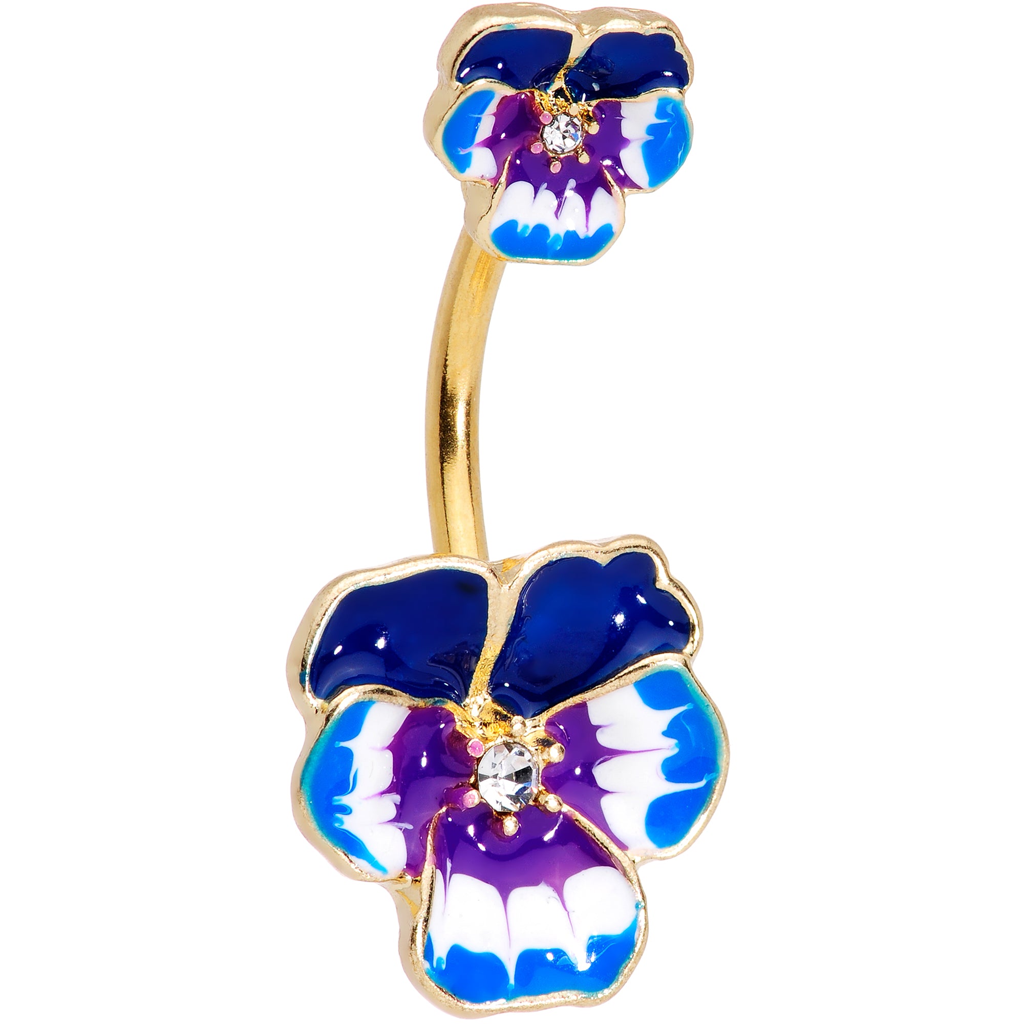 Clear Gem Gold Tone Blue Spring Flower Double Mount Belly Ring