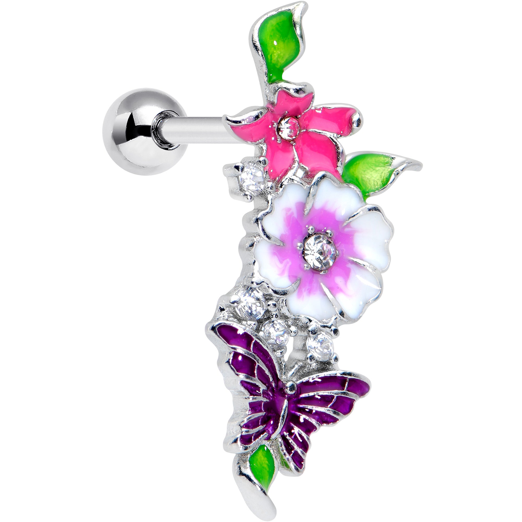 16G 1/4 Clear CZ Gem Flower Purple Butterfly Cartilage Tragus