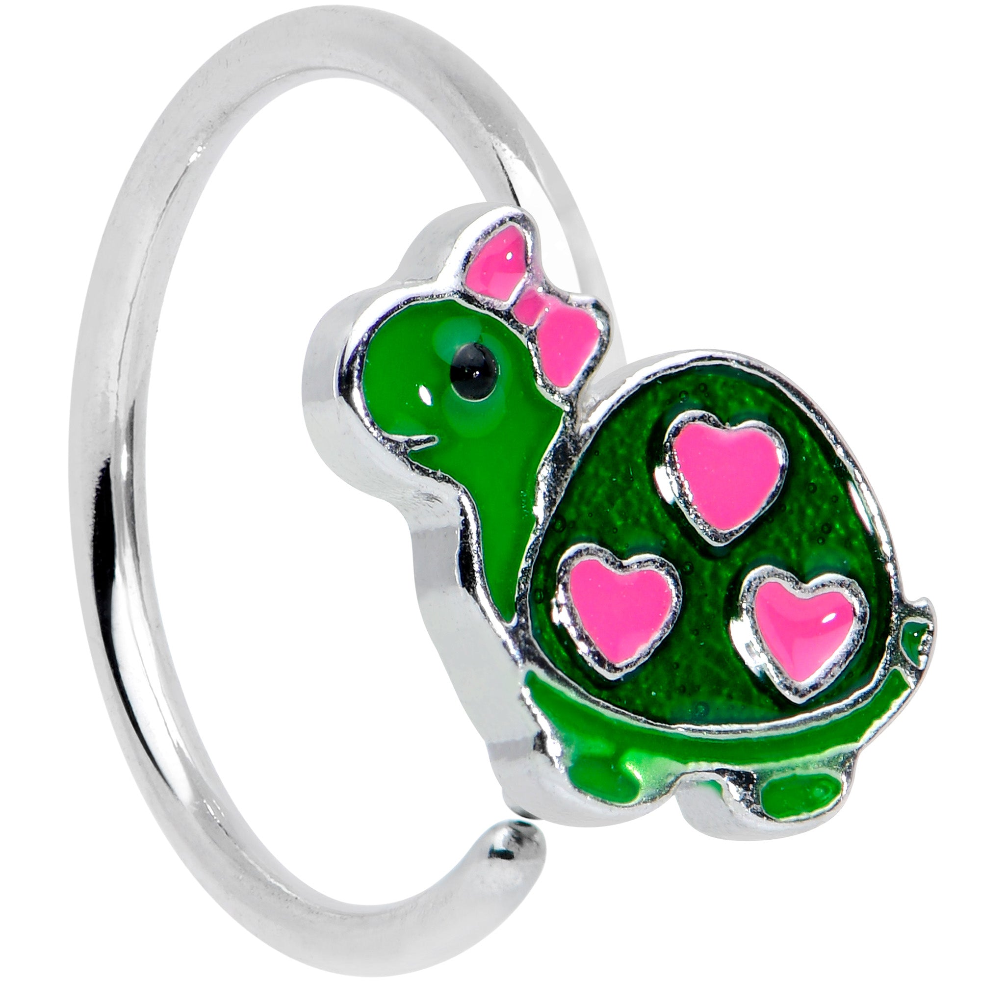20 Gauge 5/16 Pink Hearts Bow Green Turtle Nose Hoop