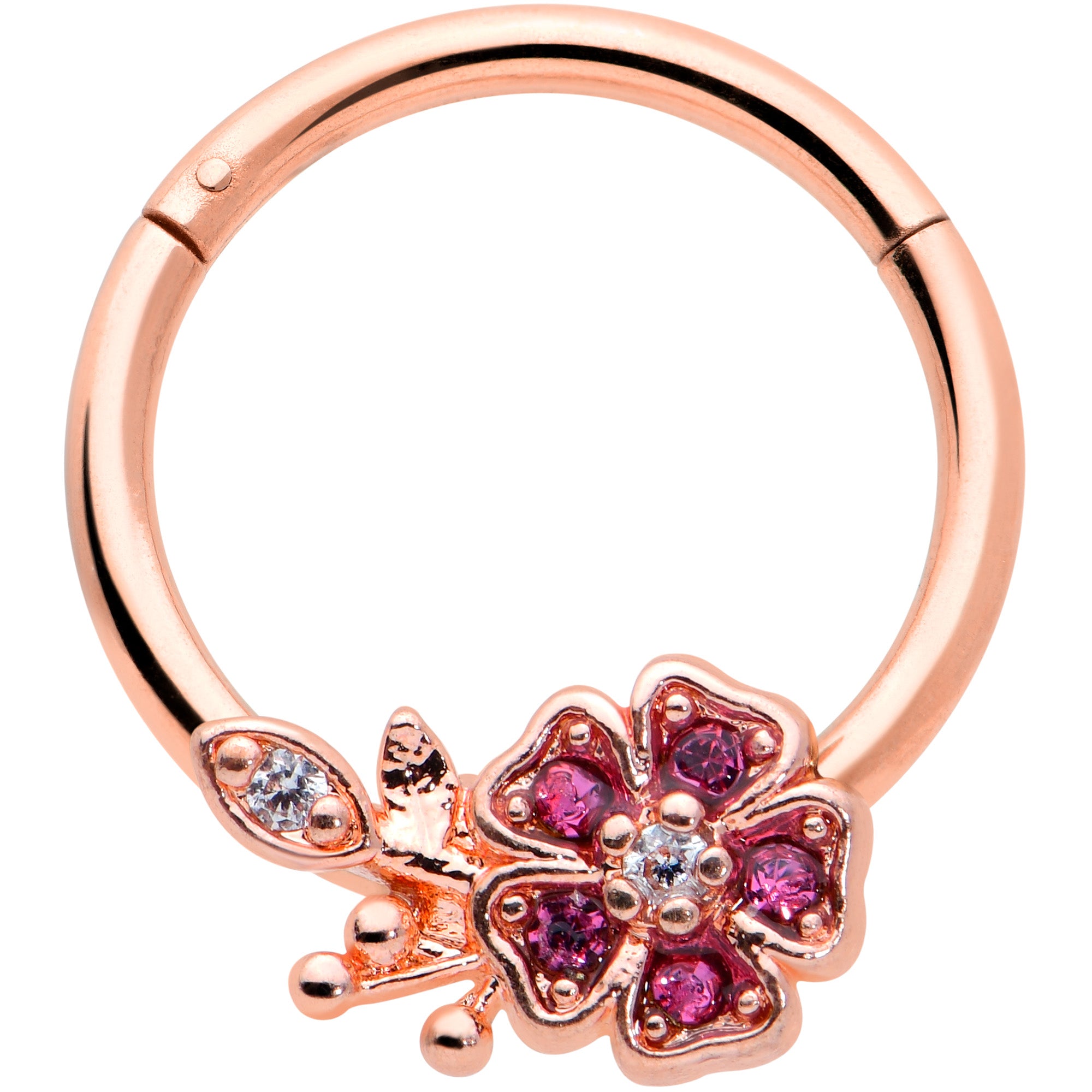 16 Gauge 3/8 Pink Gem Rose Gold Tone Heart Flower Hinged Segment Ring
