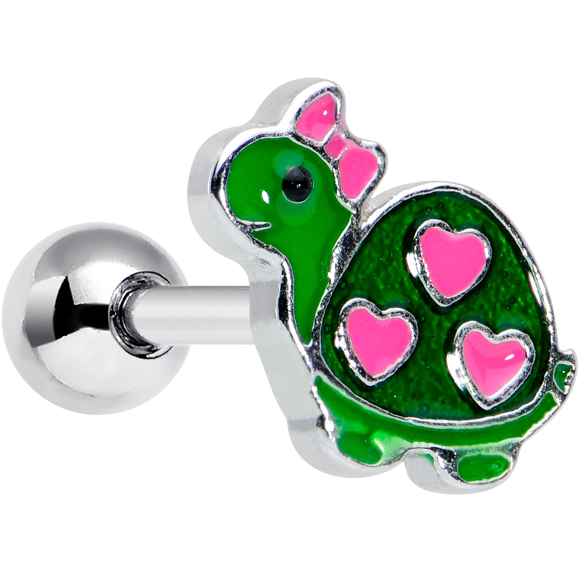 16 Gauge 1/4 Pink Hearts Bow Green Turtle Cartilage Tragus Earring
