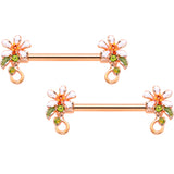 14 Gauge 9/16 Green Gem Rose Gold Tone Orange Flower Nipple Ring Set