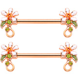 14 Gauge 9/16 Green Gem Rose Gold Tone Orange Flower Nipple Ring Set