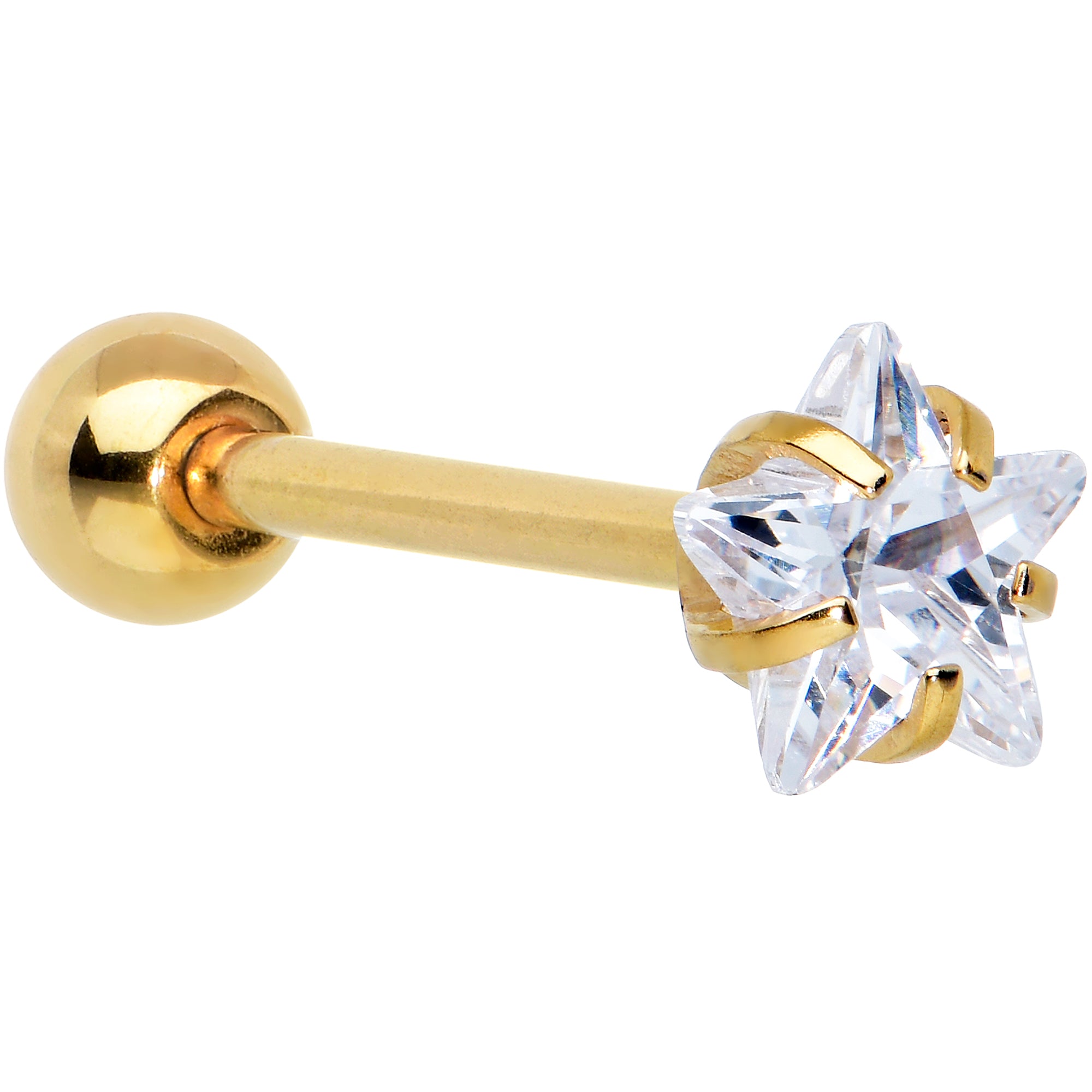 Clear CZ Gem Gold Tone Star Top Barbell Tongue Ring