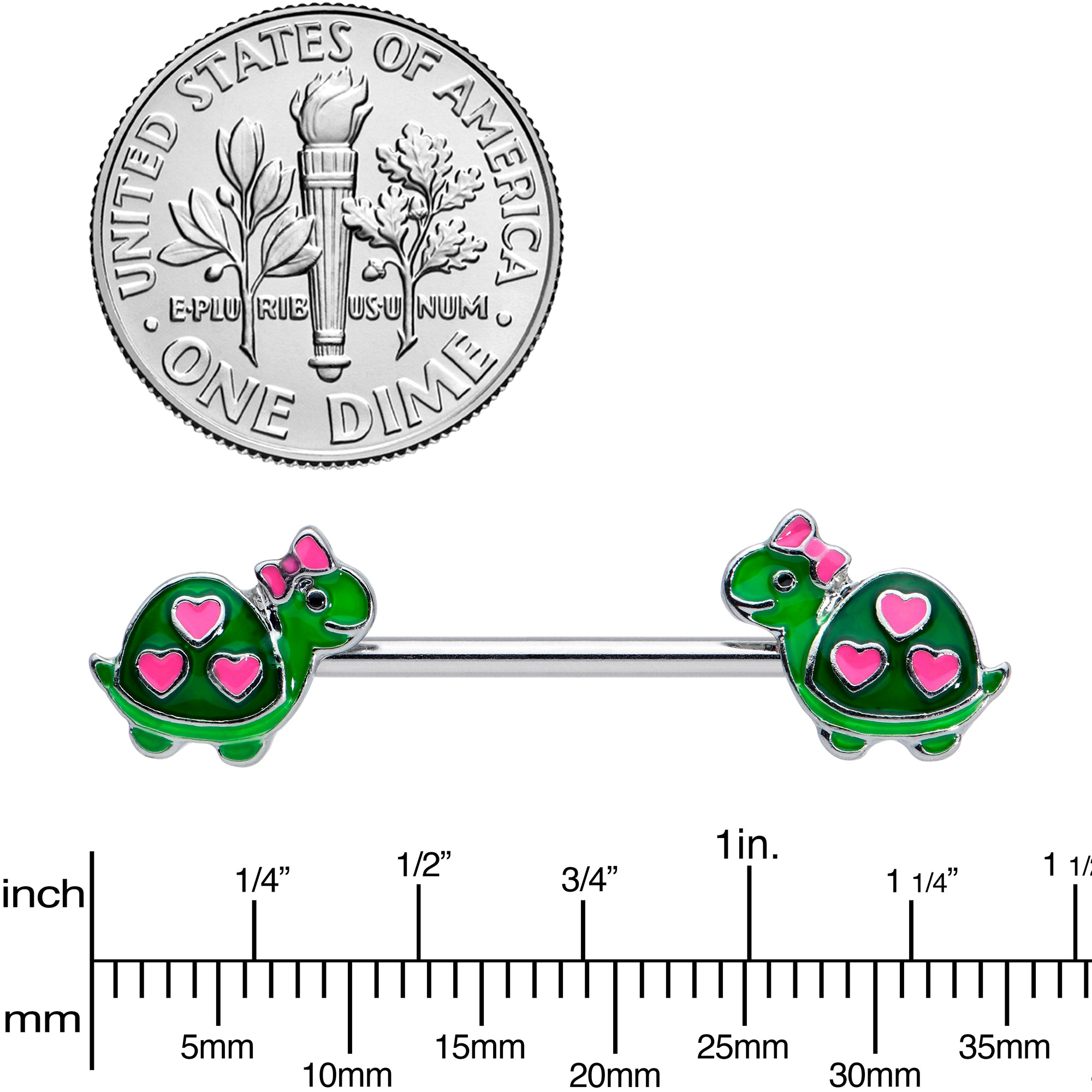 14G 9/16 Green Pink Bow Heart Turtle Barbell Nipple Ring Set