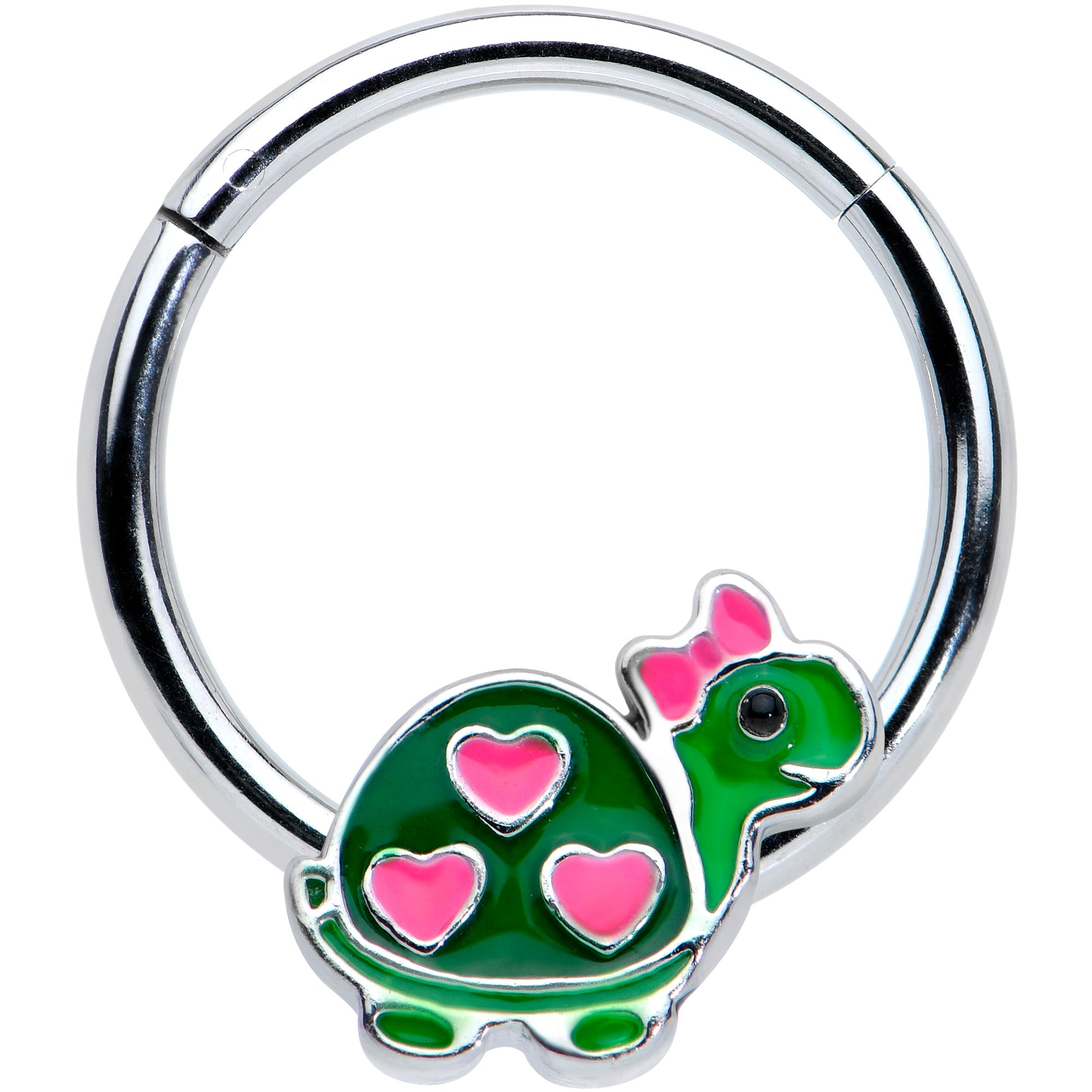 16 Gauge 3/8 Hearts Bow Pink Green Pretty Turtle Hinged Segment Ring
